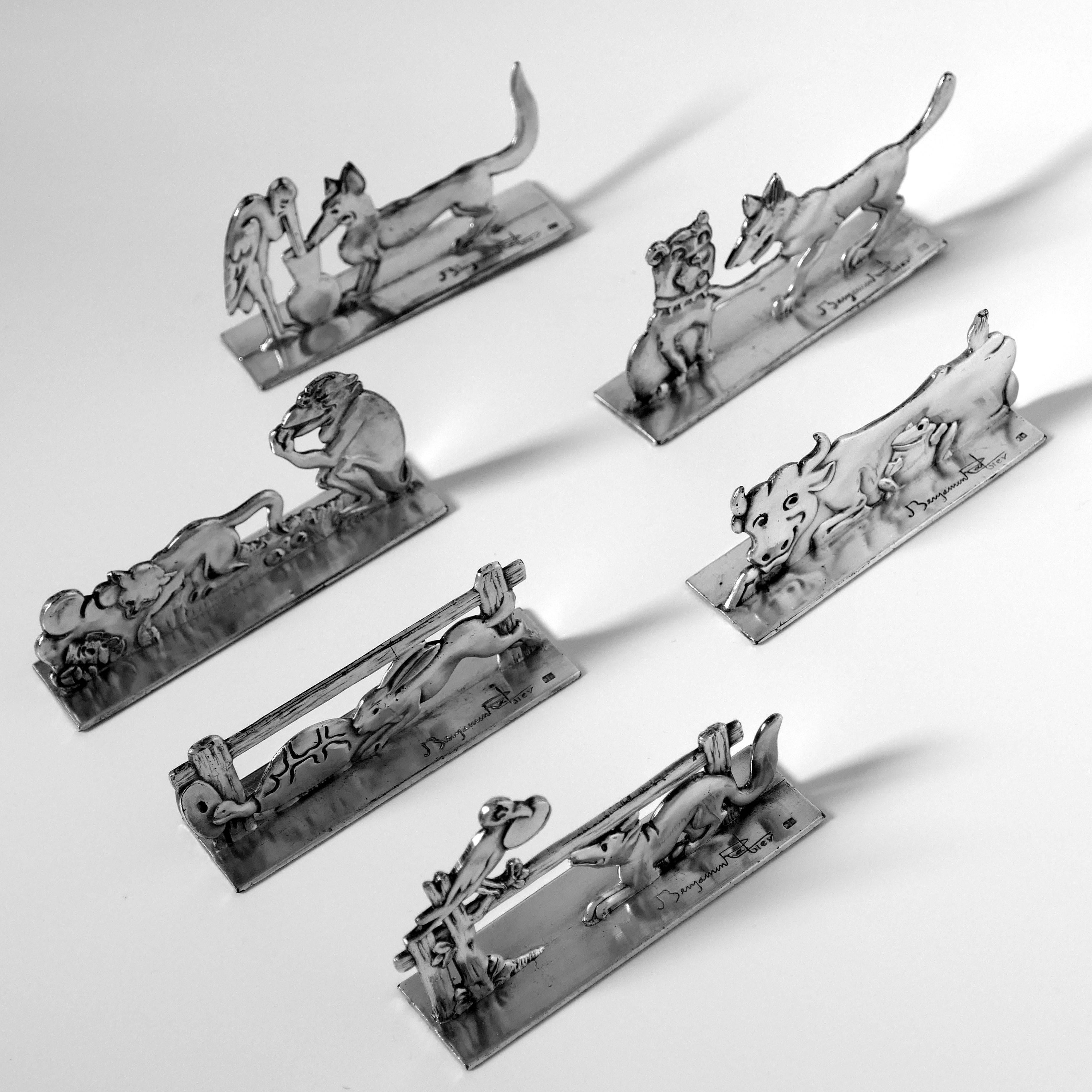 Plaqué argent Rare porte-couteaux en argent français de 6 pièces signés Benjamin Rabier, La Fontaine''s Fables