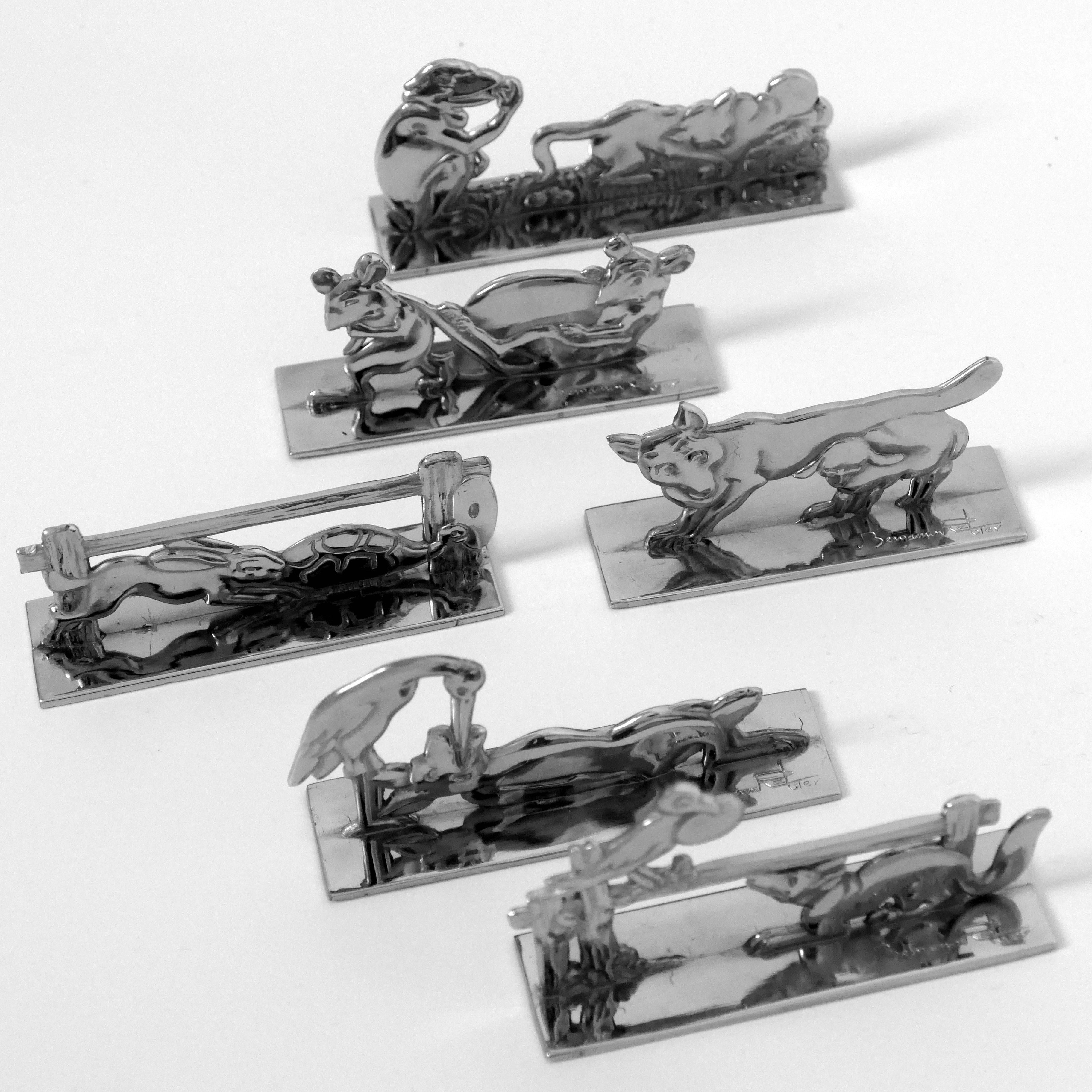 Benjamin Rabier Signed Rare Silver Knife Rests Six-Piece, La Fontaine's Fables For Sale 3