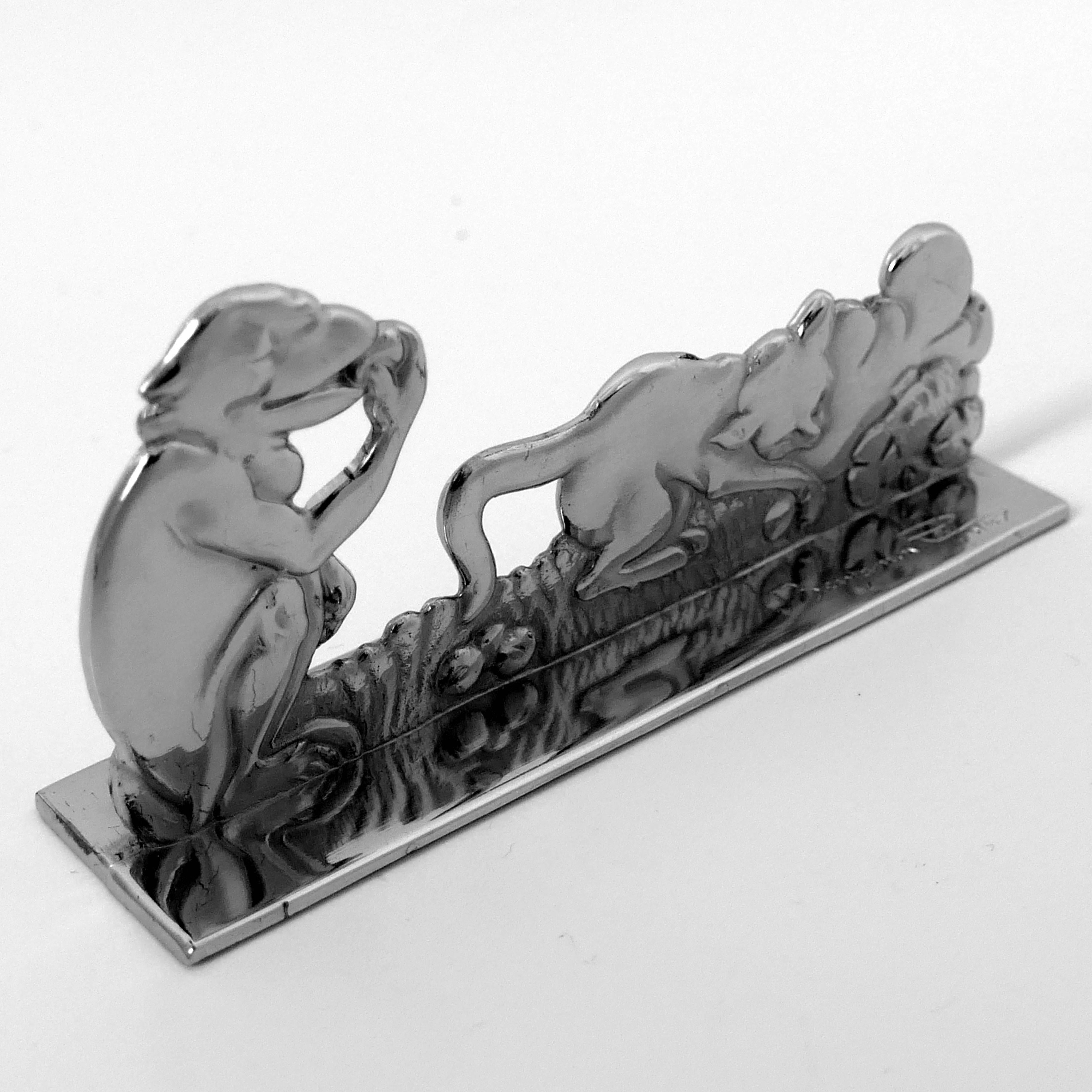 Art Deco Benjamin Rabier Signed Rare Silver Knife Rests Six-Piece, La Fontaine's Fables For Sale
