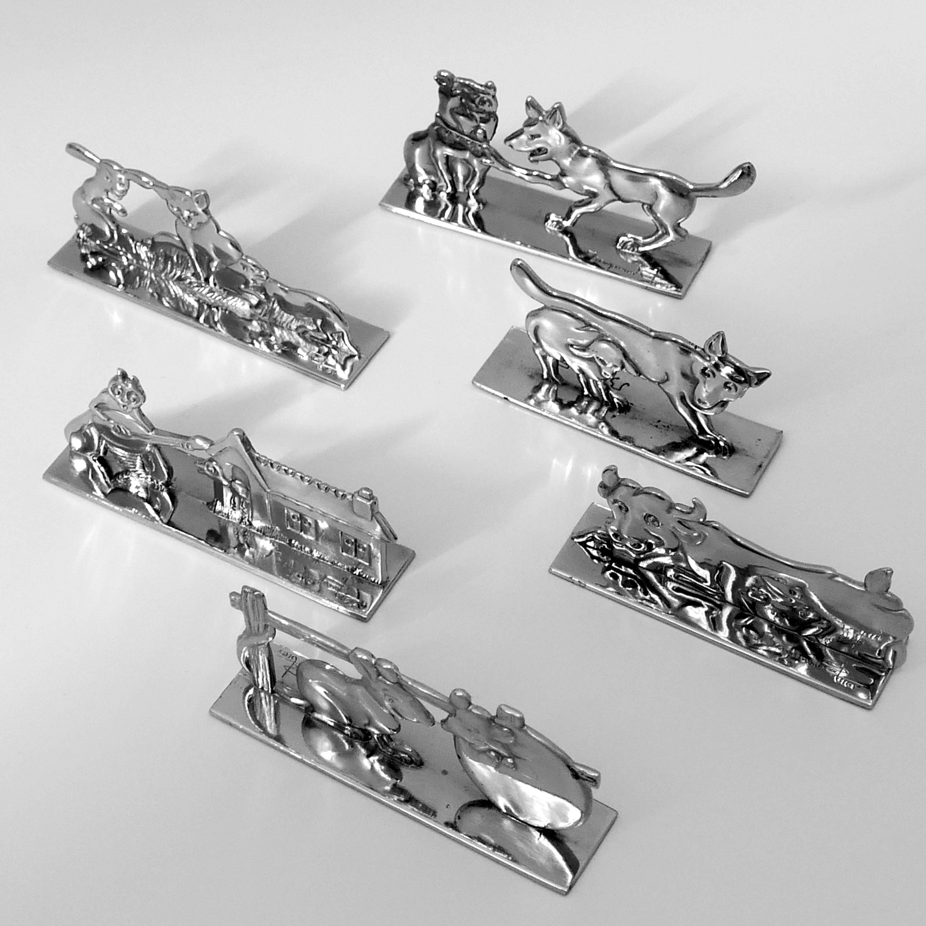 Benjamin Rabier Signed Rare French Silver Knife Rests 6 Pc, La Fontaine's Fables For Sale 2