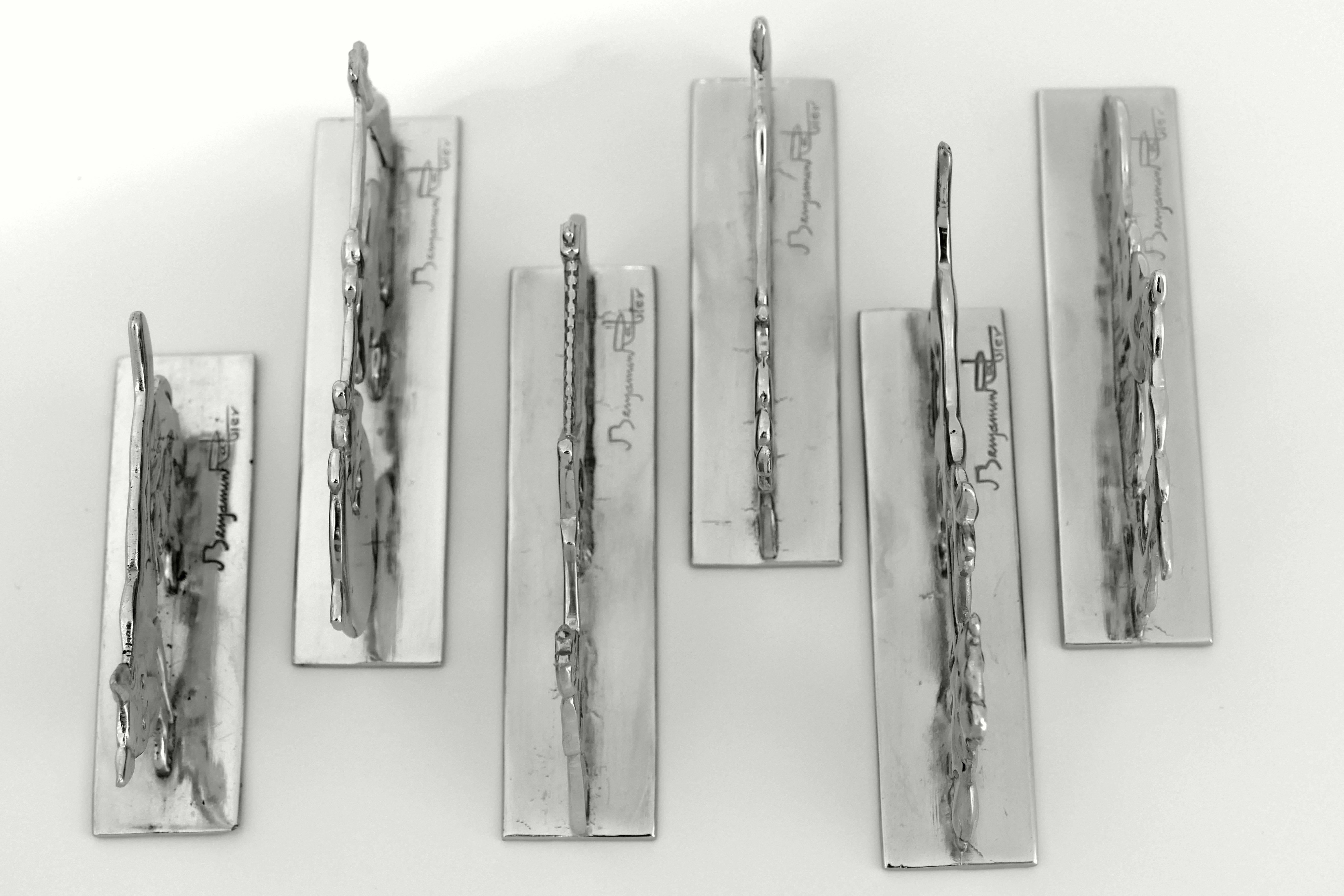 Benjamin Rabier Signed Rare French Silver Knife Rests 6 Pc, La Fontaine's Fables For Sale 3