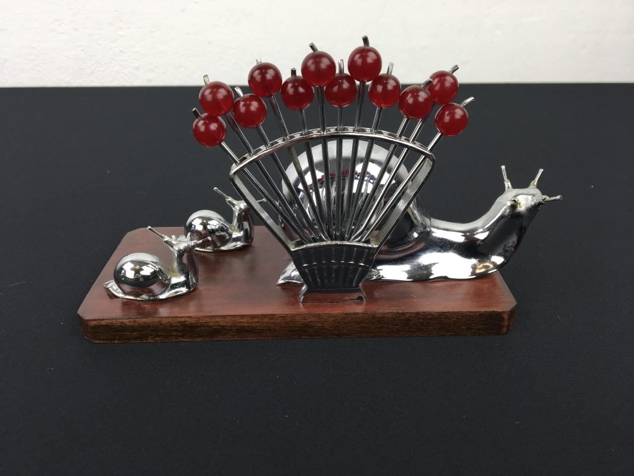 Chrome Benjamin Rabier Snail Cocktail Pick Set, 1930s, France