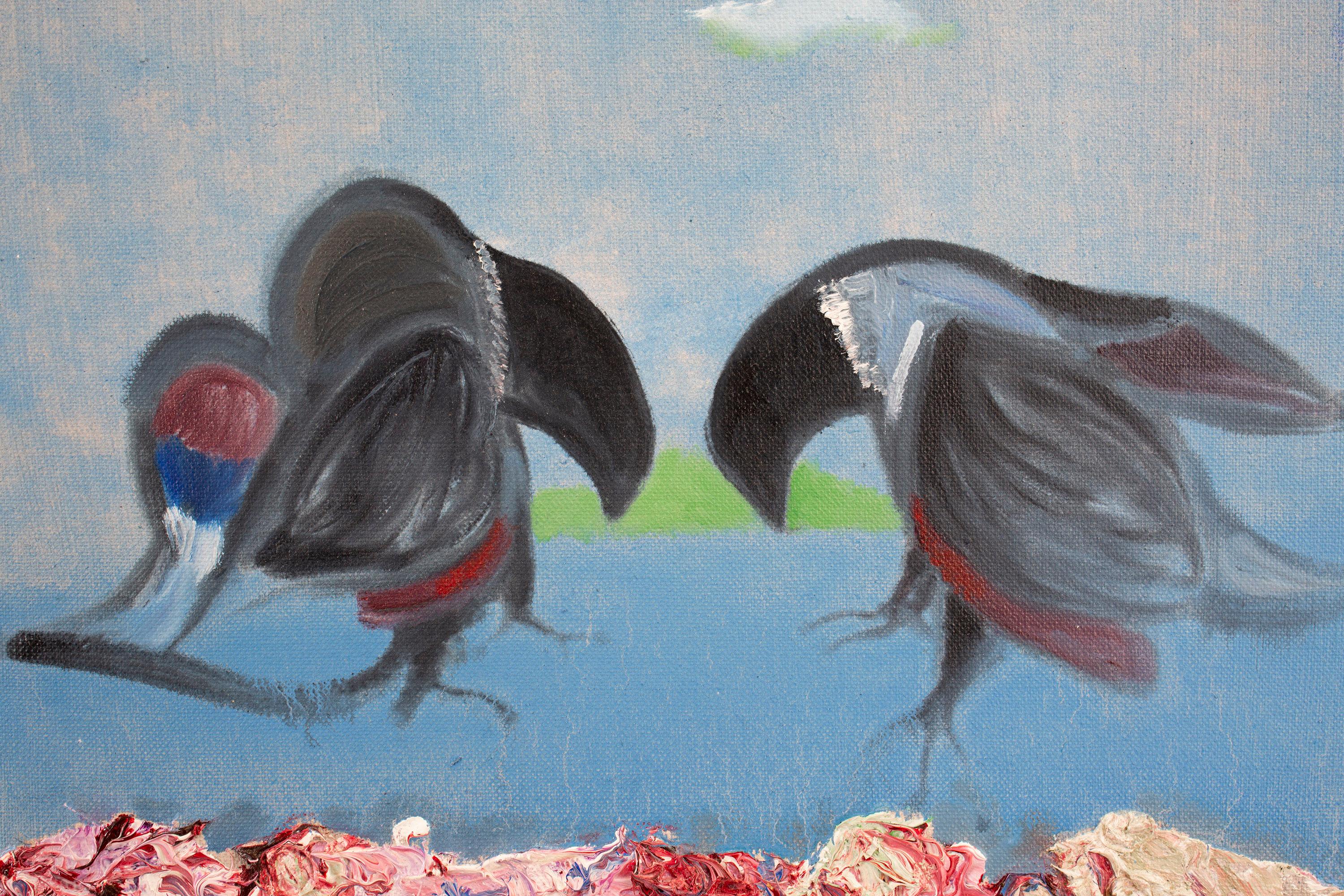 «Two birds» oil painting of two dancing birds in a mating ritual  - Contemporary Painting by Benjamin Risk