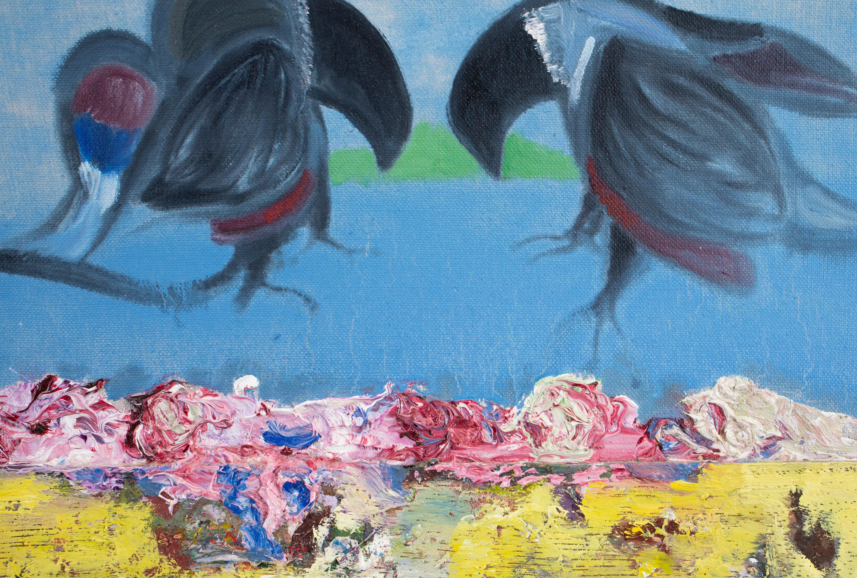 Ölgemälde mit zwei tanzenden Vögeln in einem Mating-Ritual  im Angebot 3