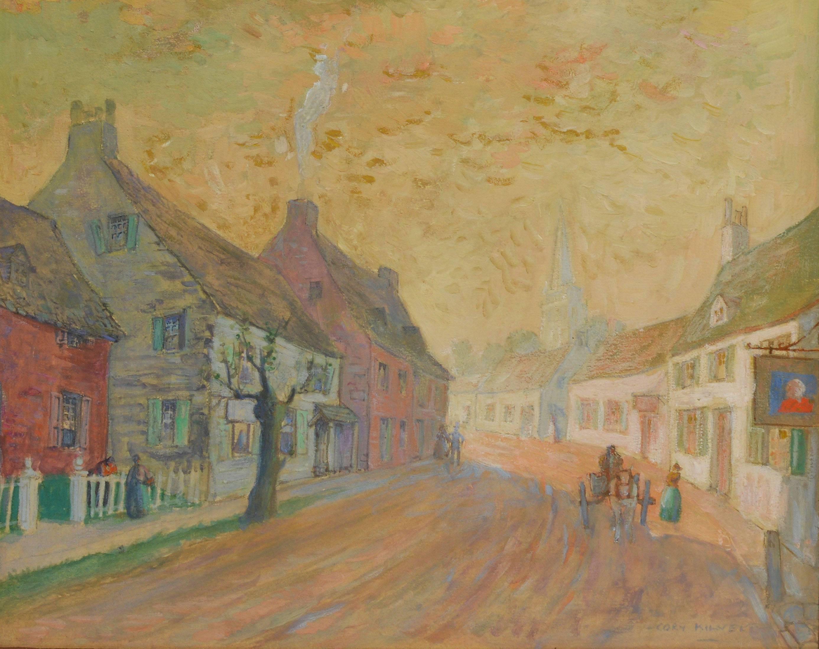 Impressionist View of a Town Street by Benjamin Sayre Cory Kilvert - Brown Landscape Painting by Benjamin Sayre Cory Kilvert 