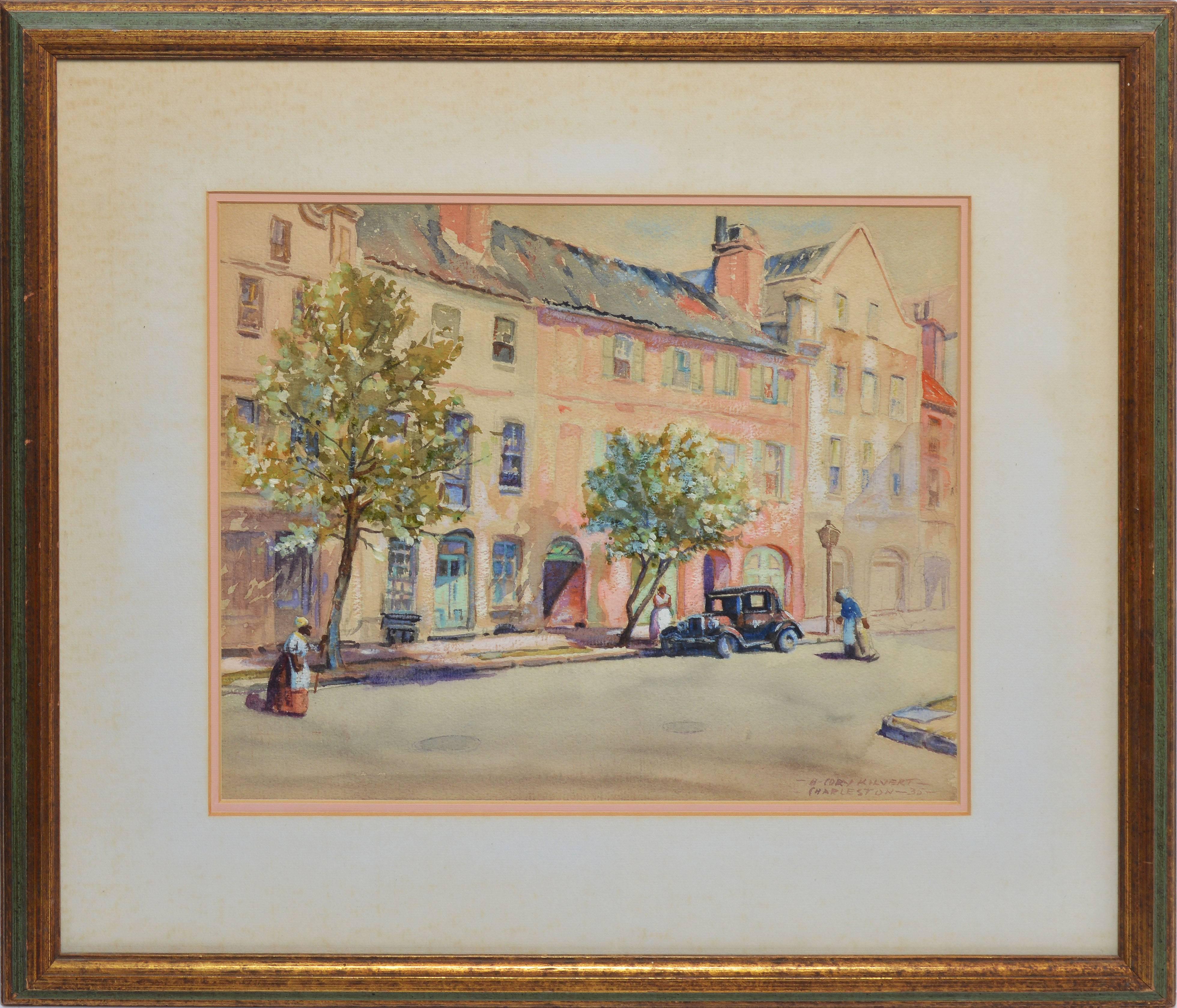 Impressionist view of a Charleston, South Carolina street by Benjamin Sayre Cory Kilvert (1879 - 1946).  Watercolor on paper, circa 1910.  Signed lower right.  Displayed in a giltwood frame.  Image size, 13.5"L x 12"H, overall 22"L x 20"H.