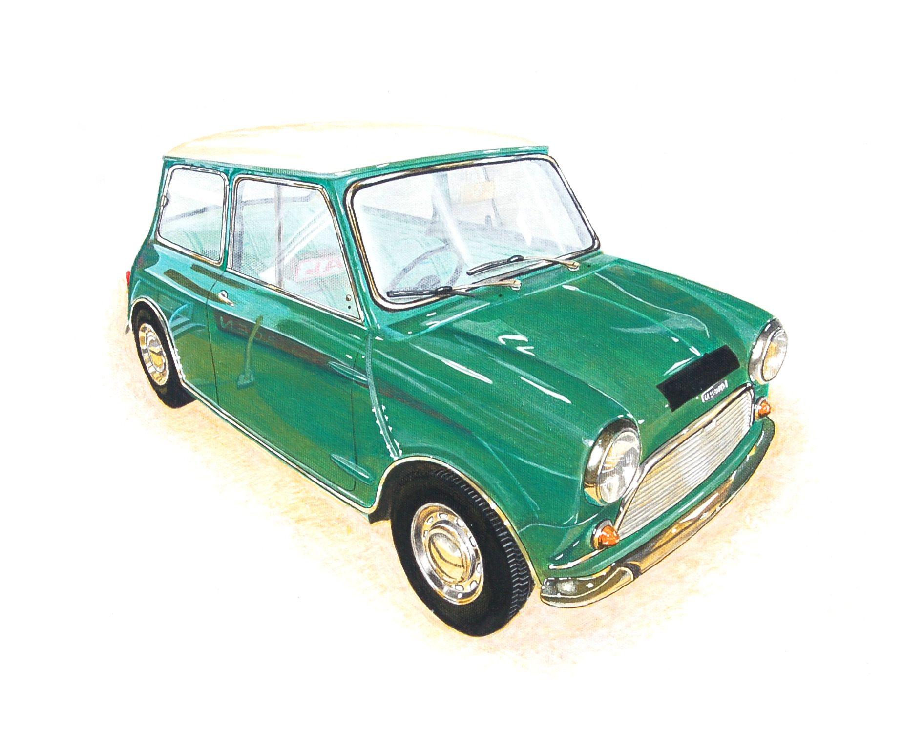 Mein Gemälde eines 1966 Austin Mini Cooper, ein britisches Auto (Rechtslenker) :: Gemälde :: Realismus :: Dieses Stück wird mit einem offiziellen, vom Künstler unterzeichneten Echtheitszertifikat geliefert :: Fertig zum Aufhängen: Nein :: Signiert: