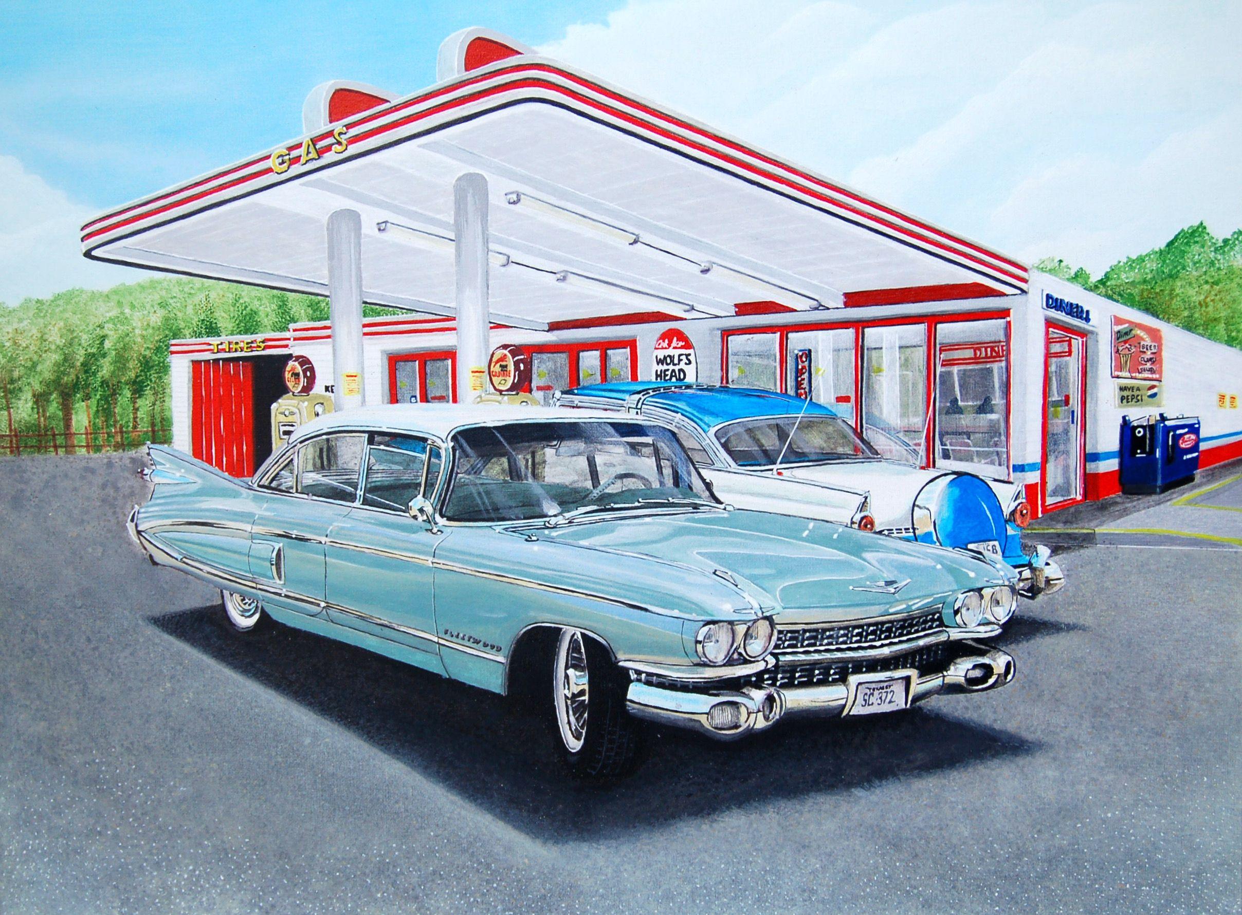 My acrylic painting of a 1959 Cadillac Fleetwood, set in a period gas station scenario :: Painting :: Realism :: This piece comes with an official certificate of authenticity signed by the artist :: Ready to Hang: No :: Signed: Yes :: Signature