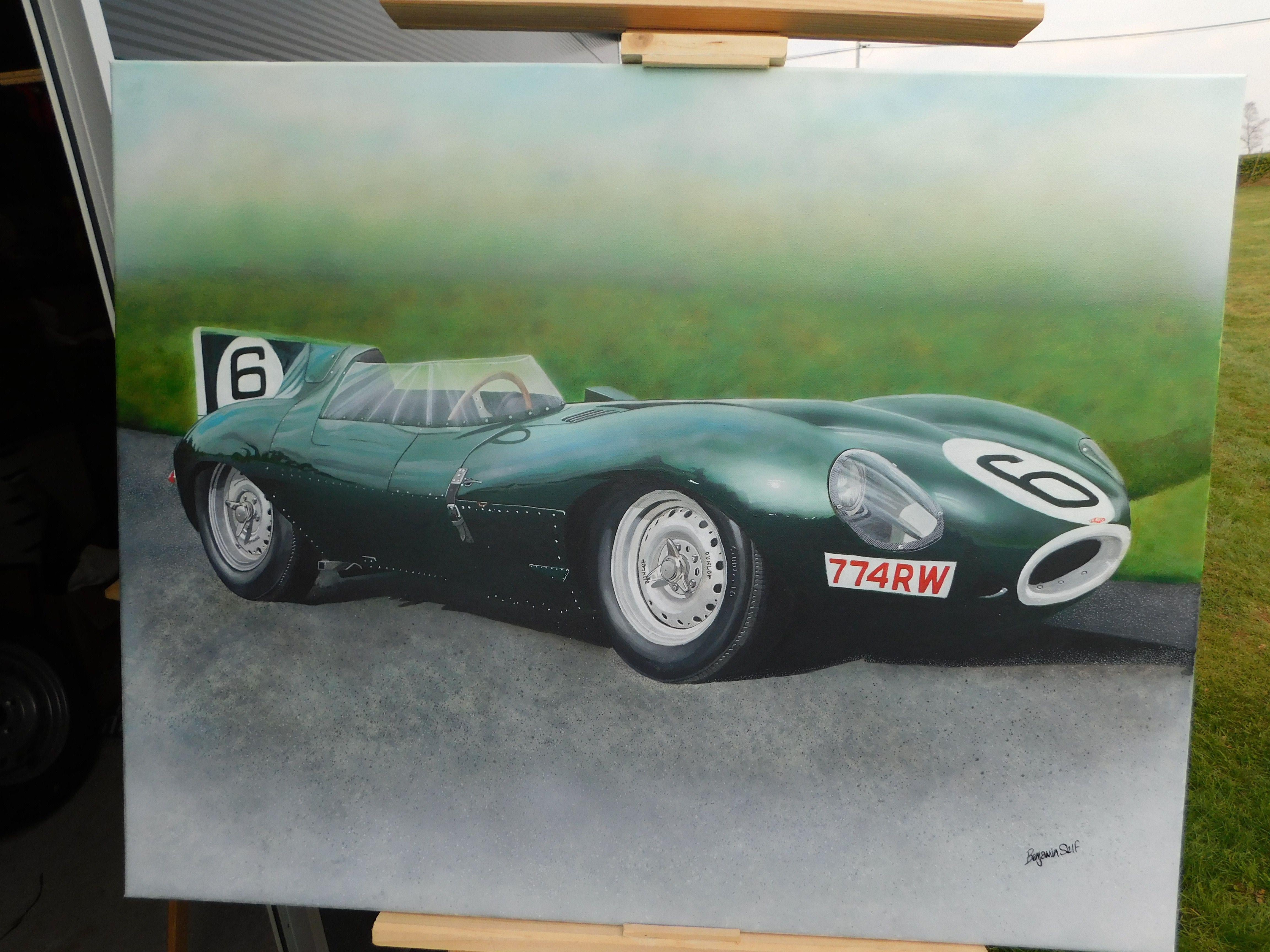 Jaguar D Typ, Gemälde, Acryl auf Leinwand im Angebot 2