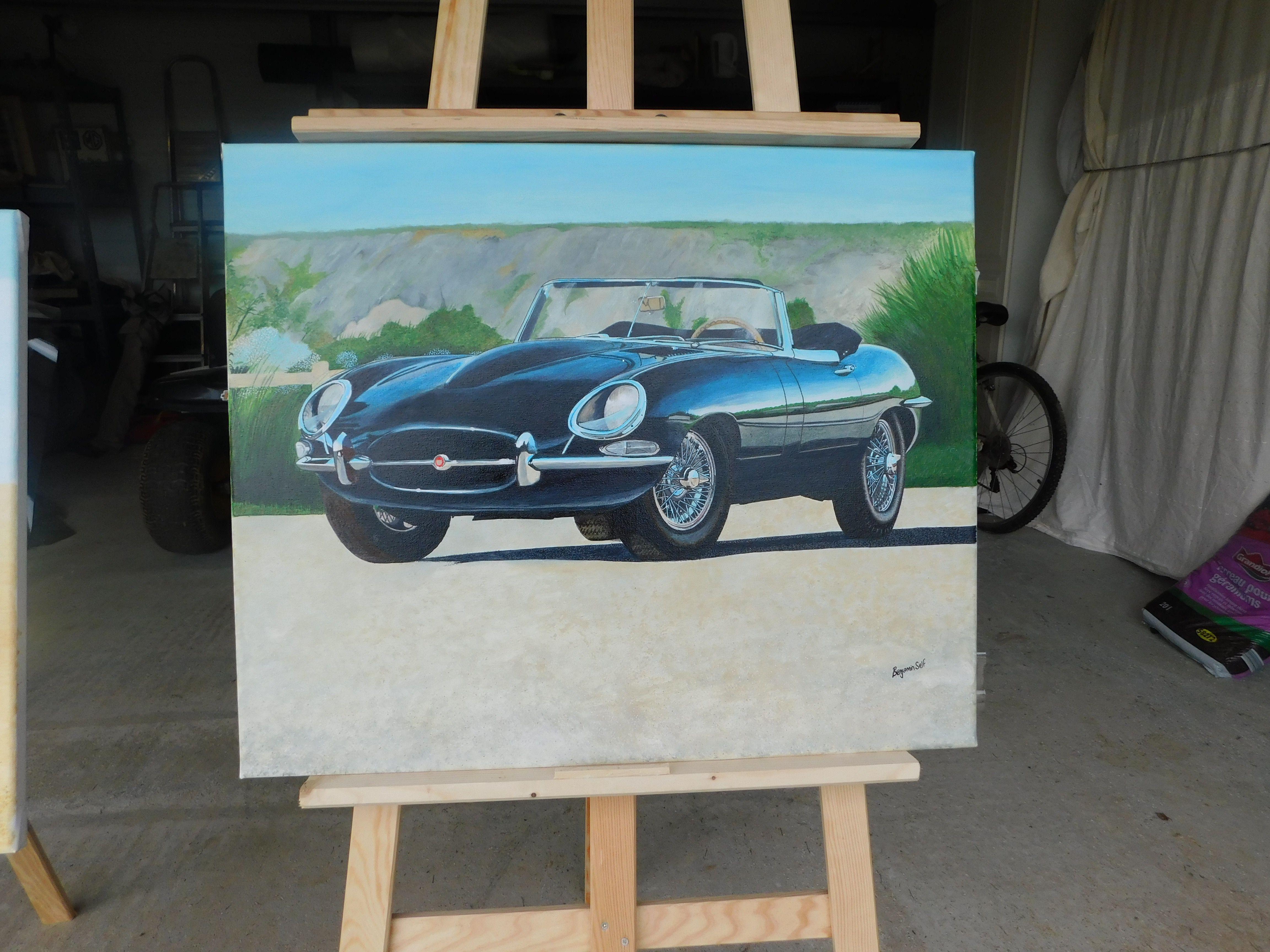 Jaguar E Typ S1 dhc, Gemälde, Acryl auf Leinwand (Fotorealismus), Painting, von Benjamin Self