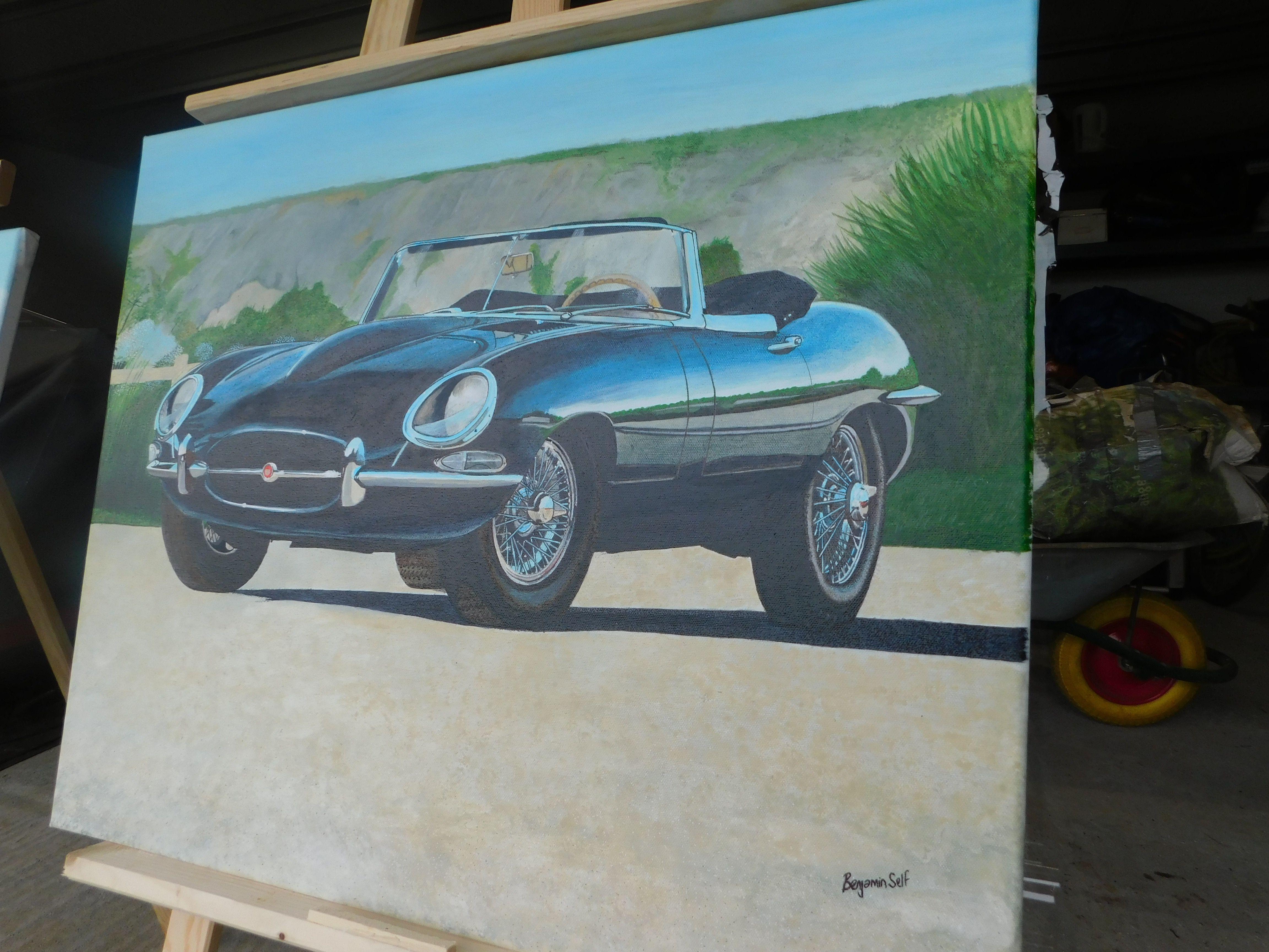 Jaguar E Typ S1 dhc, Gemälde, Acryl auf Leinwand im Angebot 2
