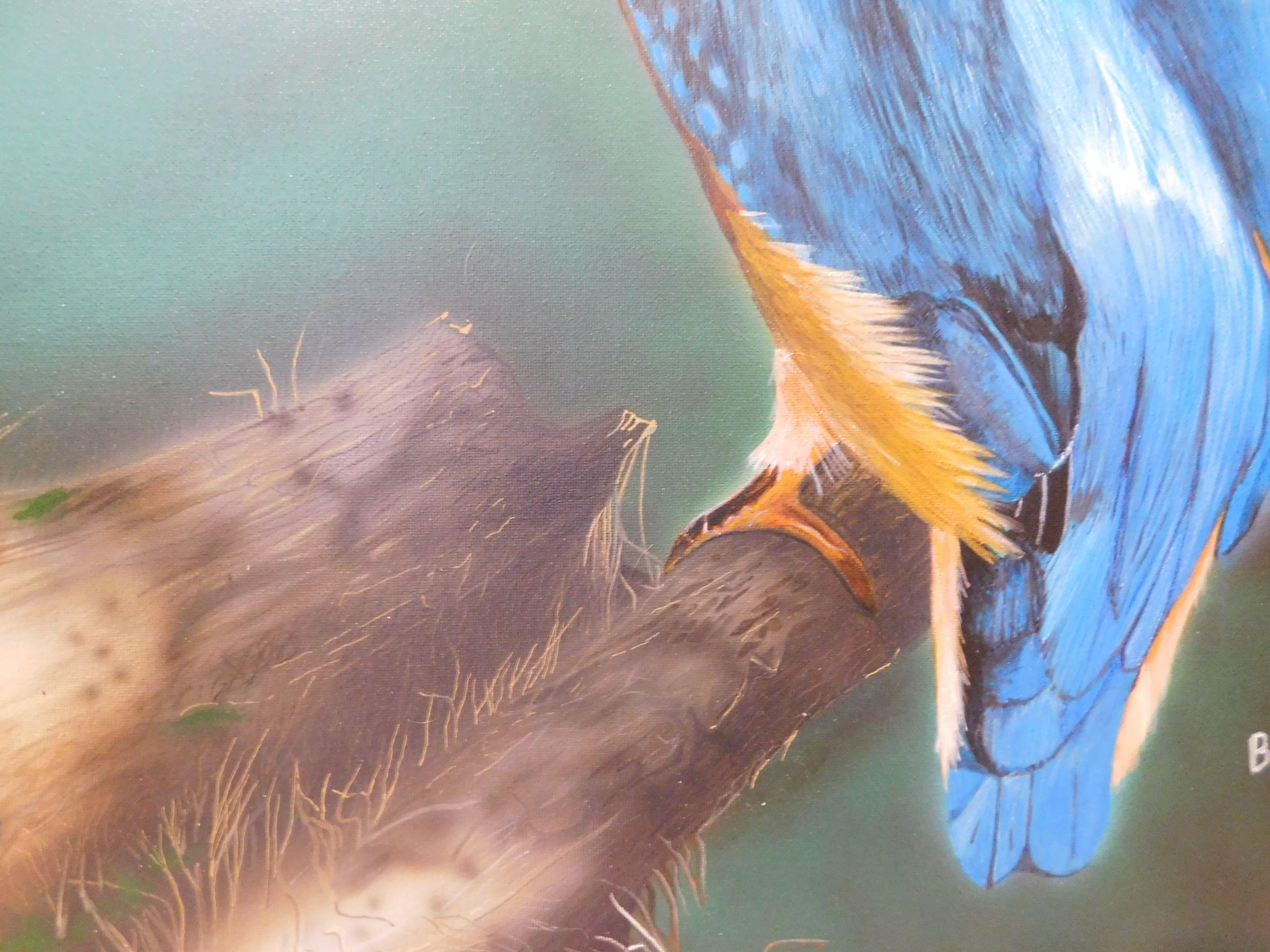 Pintado con pintura acrílica (parcialmente aerografiada) sobre lienzo de 3 mm de grosor con soporte de MDF de 40x50 cm. Mi cuadro del martín pescador está basado en una fotografía de Senad Husagic :: Pintura :: Realismo :: Esta obra viene con un