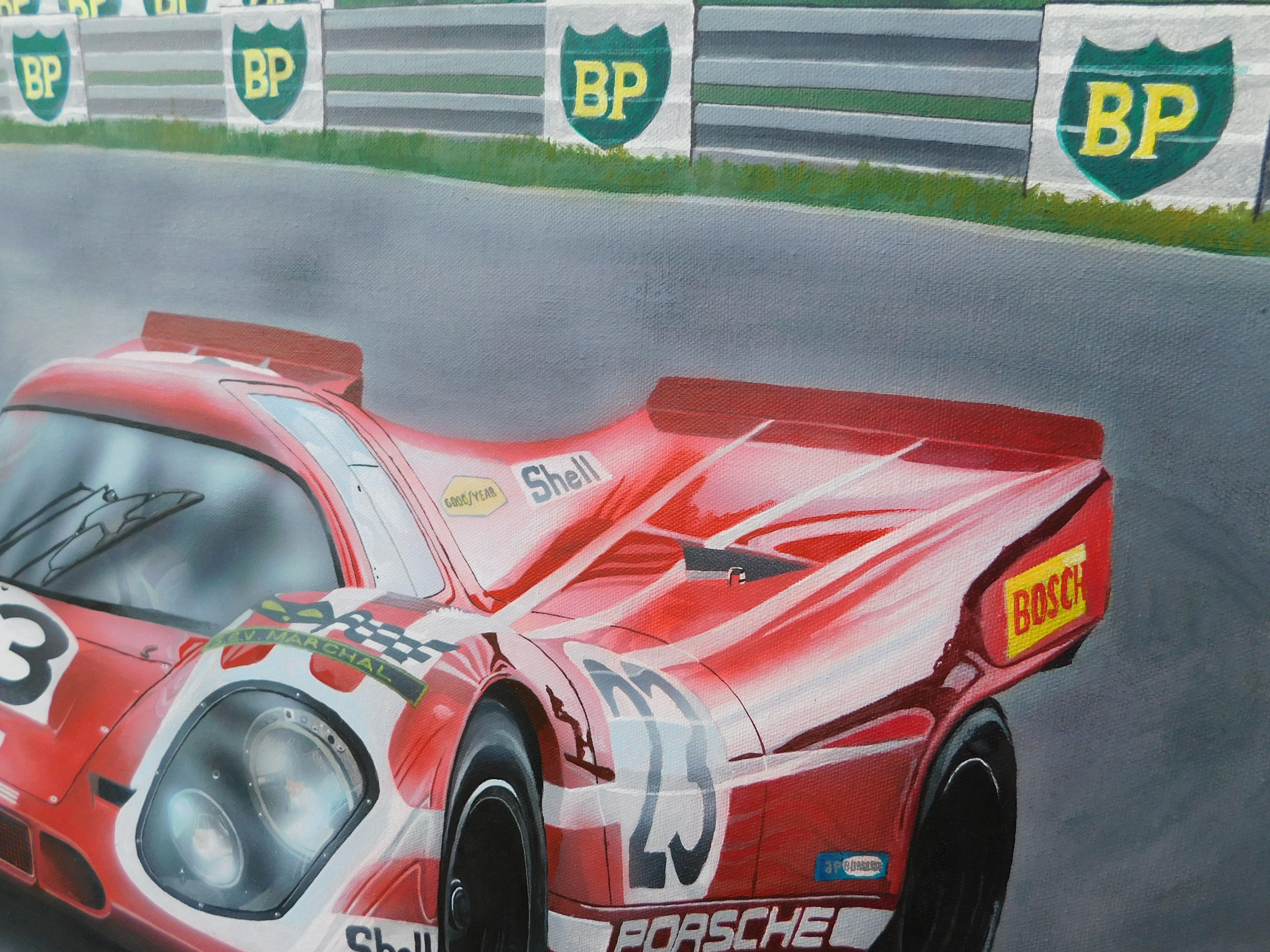 Ein großes Originalgemälde des LeMans-24-Stunden-Siegerautos von 1971. Es handelt sich um einen Porsche 917K Salzburg, der auf einer 92x73cm großen Leinwand mit Acrylfarben und teilweise Airbrush gemalt wurde. Dieses Bild wurde für die LeMans