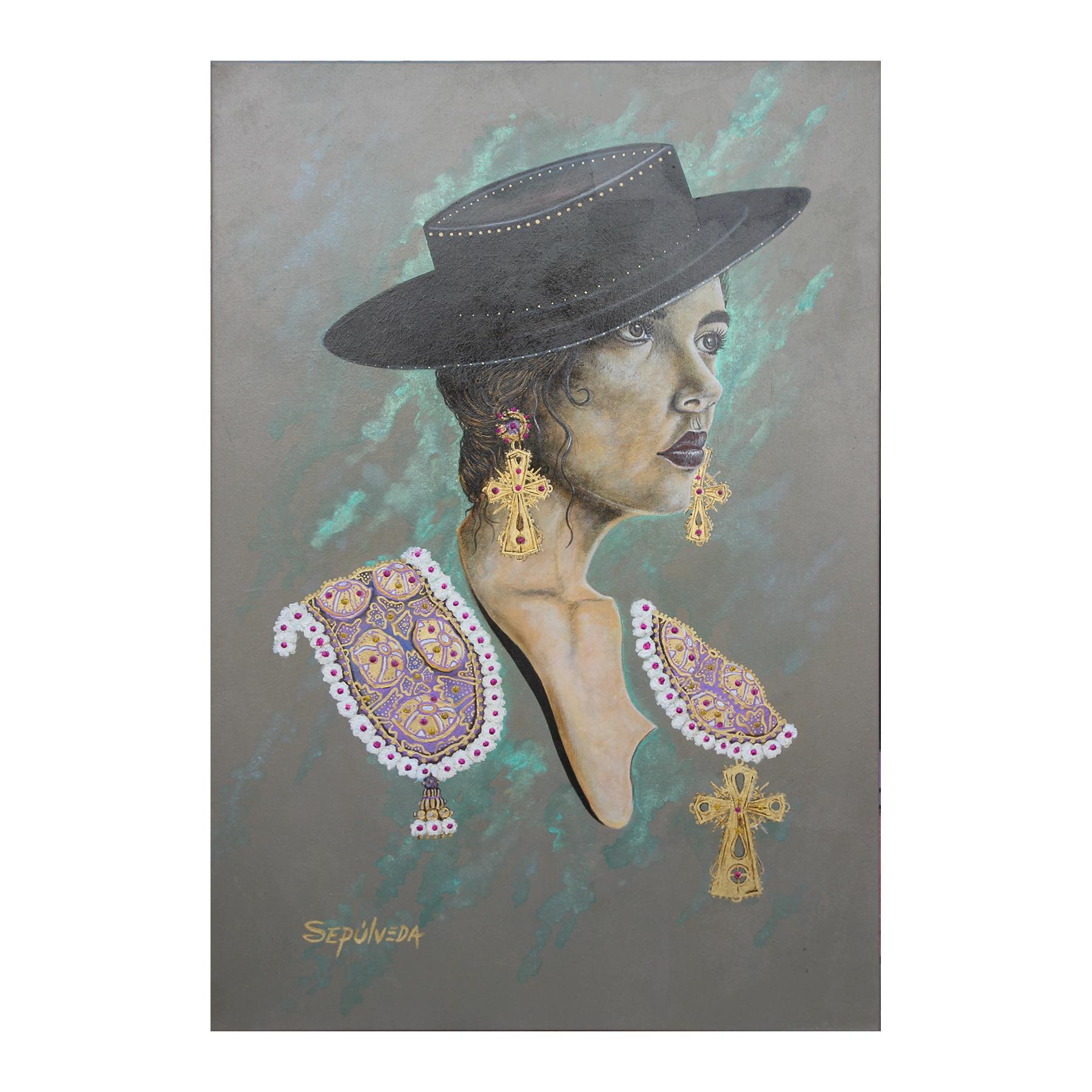 Benjamin Sepulveda Figurative Painting - "Sevillana" Pastel Toned Modern Spanish Female Portrait