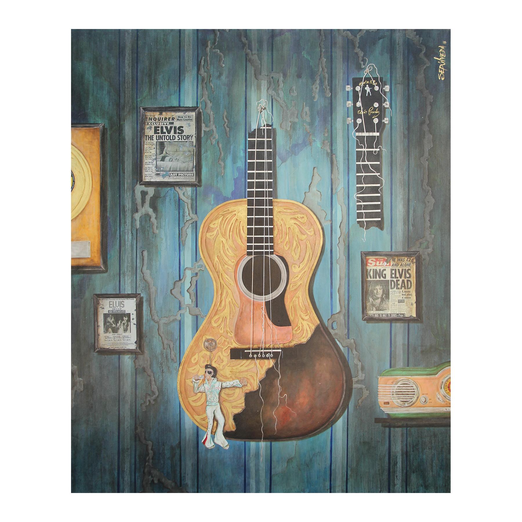 Figurative Painting Benjamin Sepulveda - « The Broke Guitar of Elvis », grande peinture contemporaine en techniques mixtes