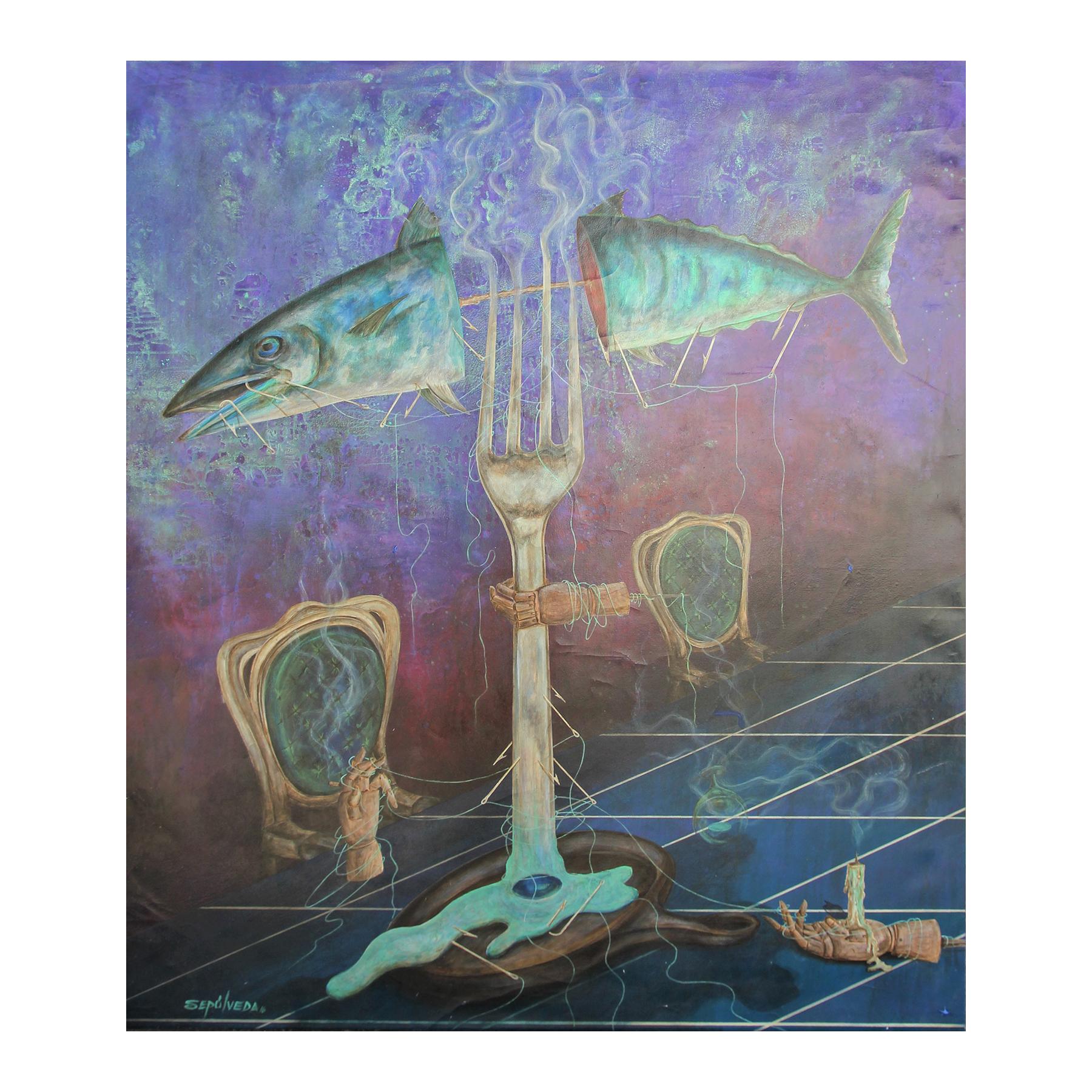 Benjamin Sepulveda Still-Life Painting - "The Last Supper" Purple Large Scale Modern Surrealist Abstract Painting 