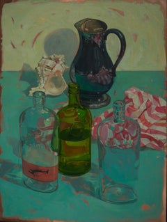 "Bottles on Blue Green" original still life oil on copper by Benjamin Shamback