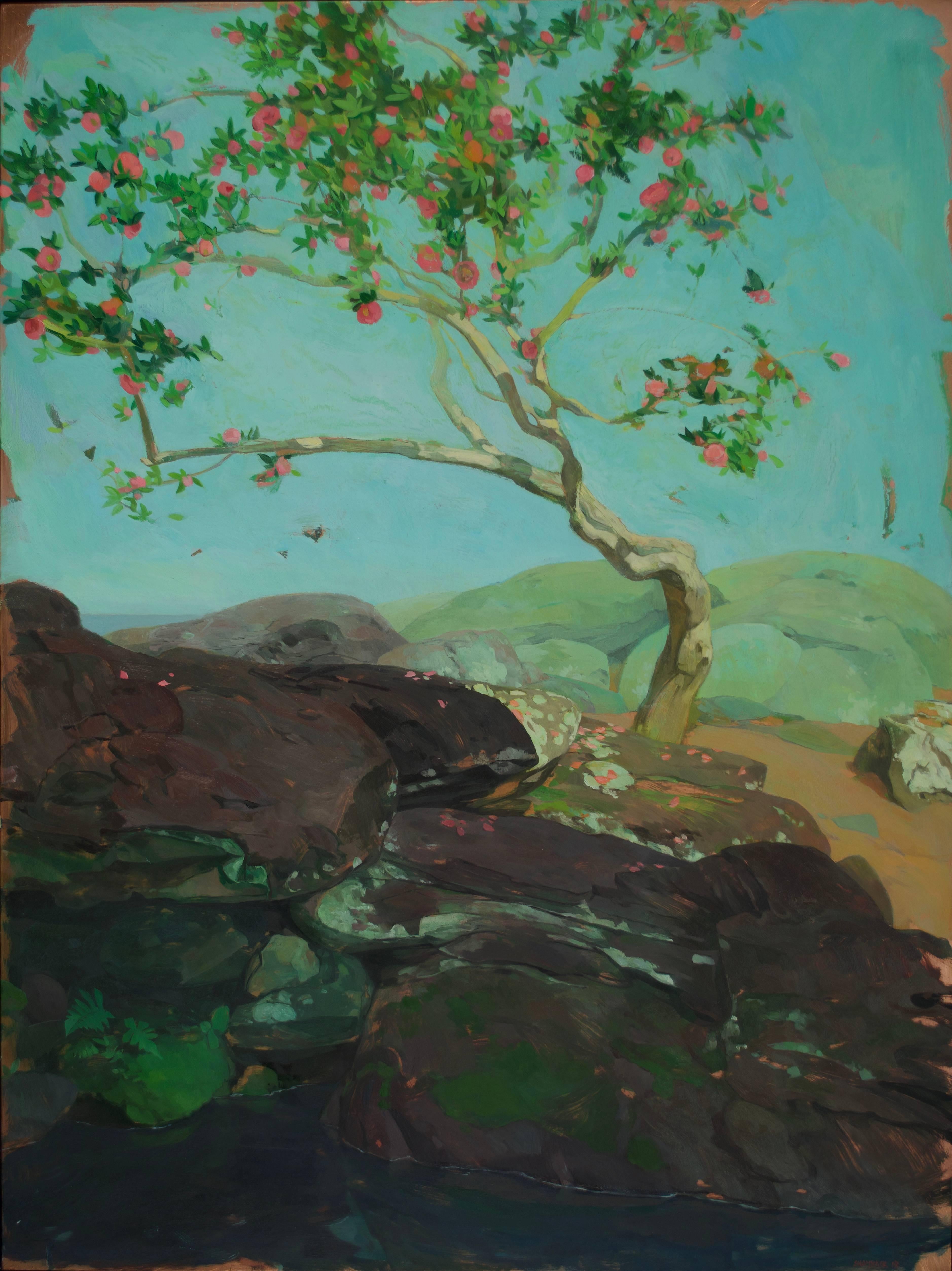 "Camellia Tree by Pool" is an original oil on copper by artist Benjamin Shamback. The painting shows Camellia Tree over a shady pool at Bellingrath Gardens in Alabama. The work was painted in Plein Air.  The painting is mostly shades of the blue