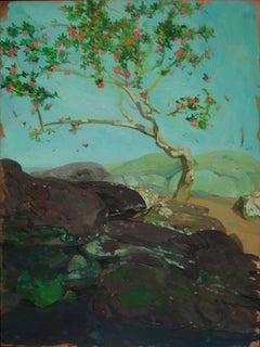 "Camellia Tree by Pool" original landscape oil on copper by Benjamin Shamback