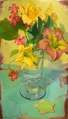 "Day Lilies and Mandavilla on Blue" original flora still life oil on copper