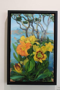 "Day Lilies in Grove of Trees" original flora oil on copper by Benjamin Shamback