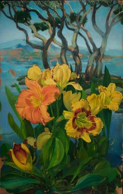 "Day Lilies in Grove of Trees" original flora oil on copper by Benjamin Shamback