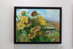"Day Lilies in Landscape" original flora oil on copper by Benjamin Shamback