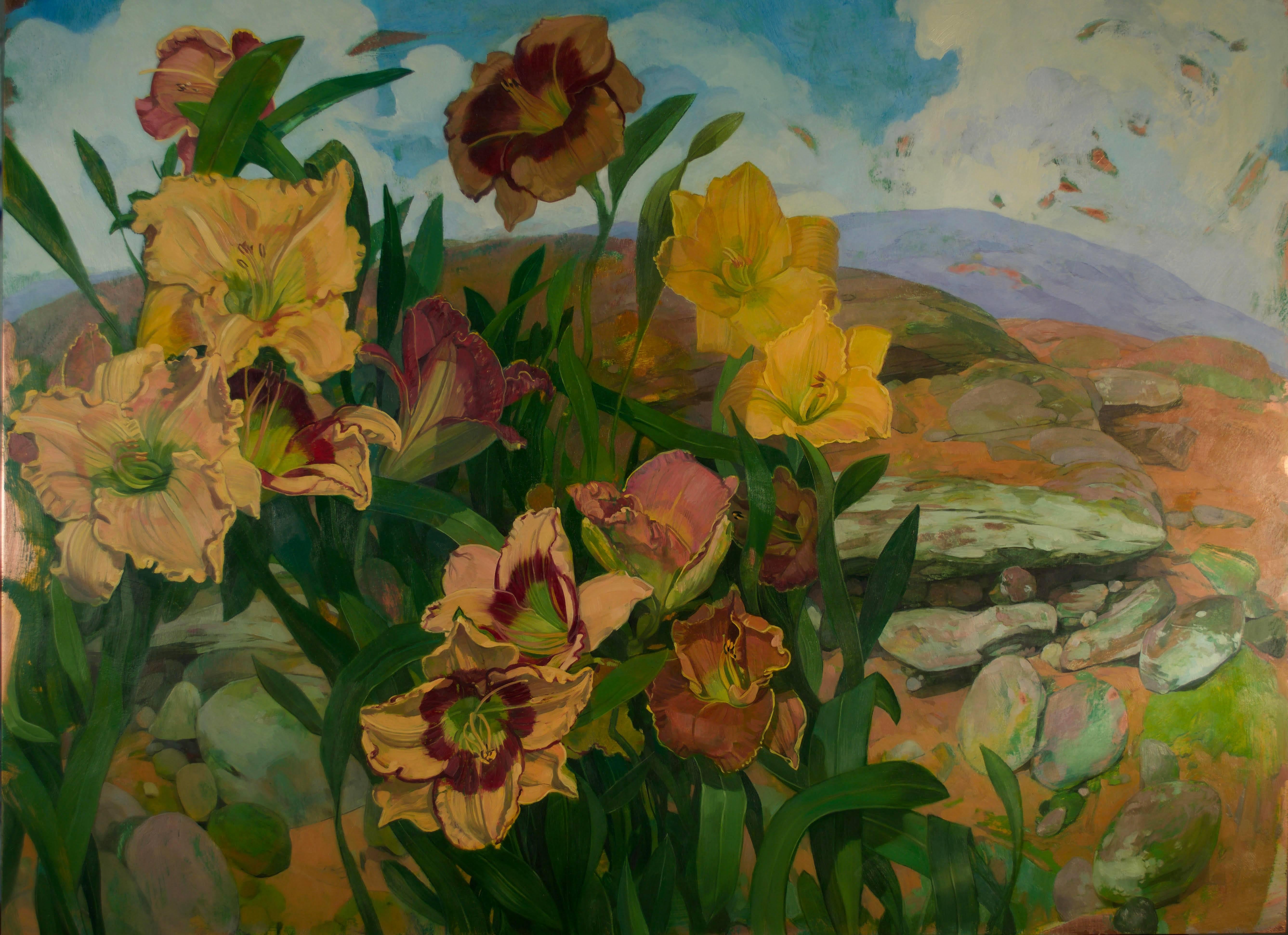 "Day Lilies in Landscape" is an original oil on copper by artist Benjamin Shamback. The painting shows a bunch of day lilies growing in a rocky landscape with a cloudy background. The work is mainly tones of yellows and orange with some cool blues