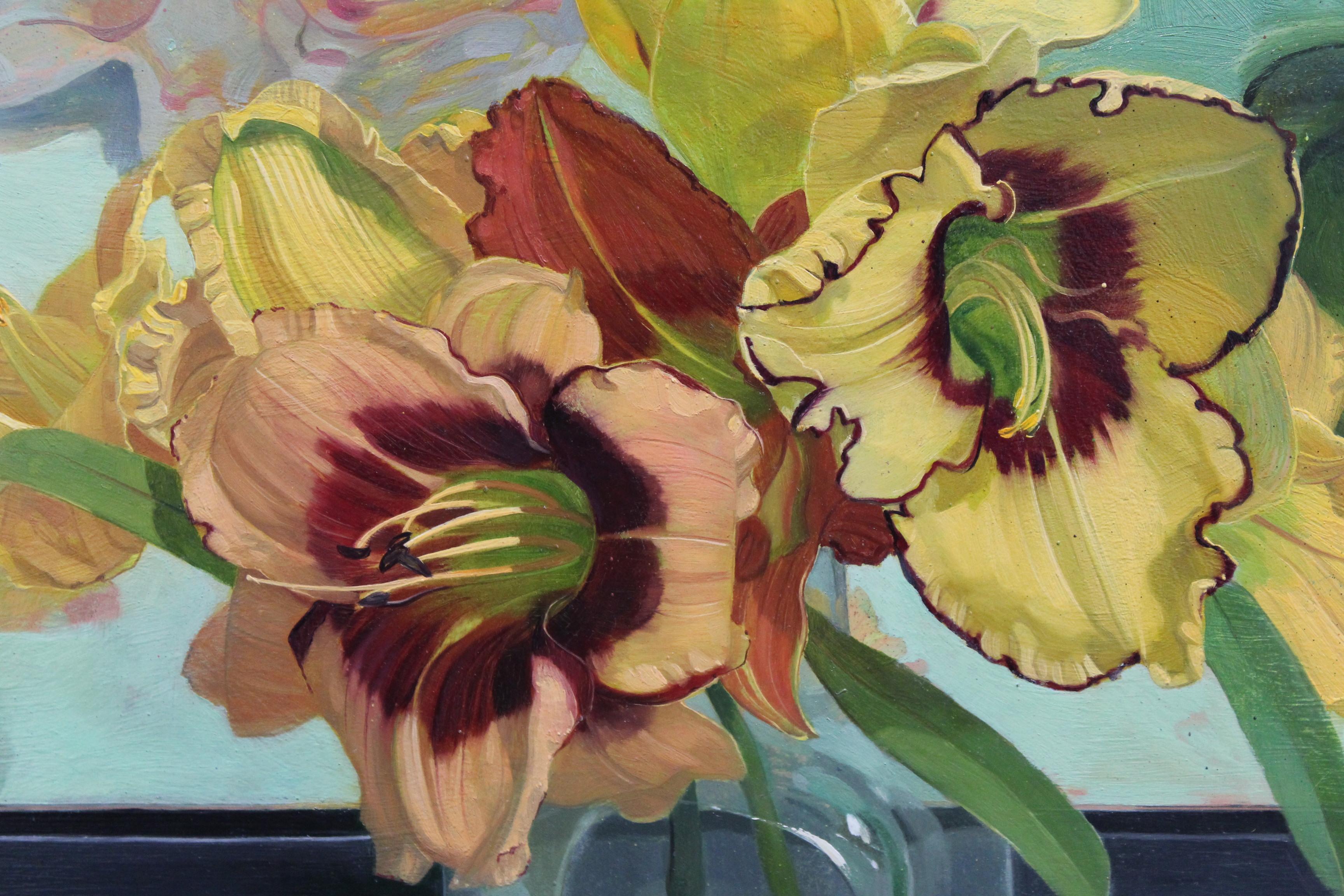 Day Lilies with Day Lily Painting - Brown Still-Life Painting by Benjamin Shamback