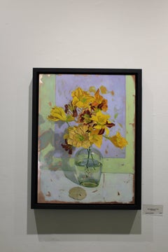 "Day Lily Bouquet on Violet" original flora still life oil on copper