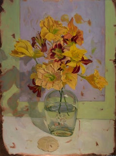 "Day Lily Bouquet on Violet" original flora still life oil on copper
