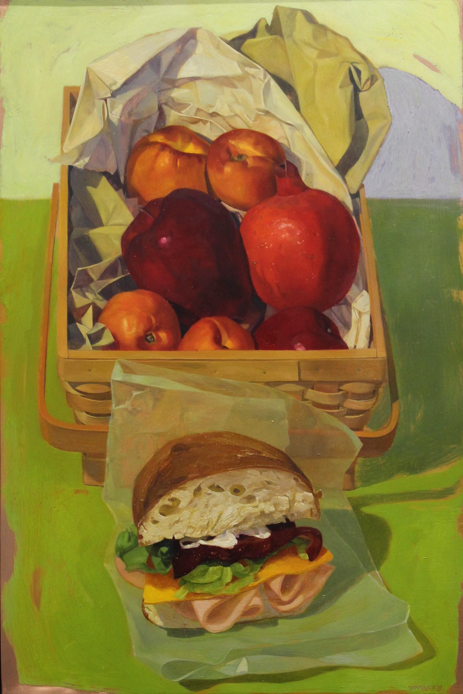 Benjamin Shamback Still-Life Painting - Turkey Sandwich with Apples