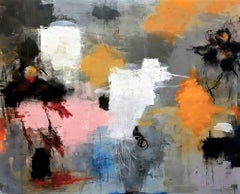 Abstraktes Gemälde "Southern Glance" auf Leinwand in den Farben Grau:: Rosa:: Schwarz:: Orange und Weiß