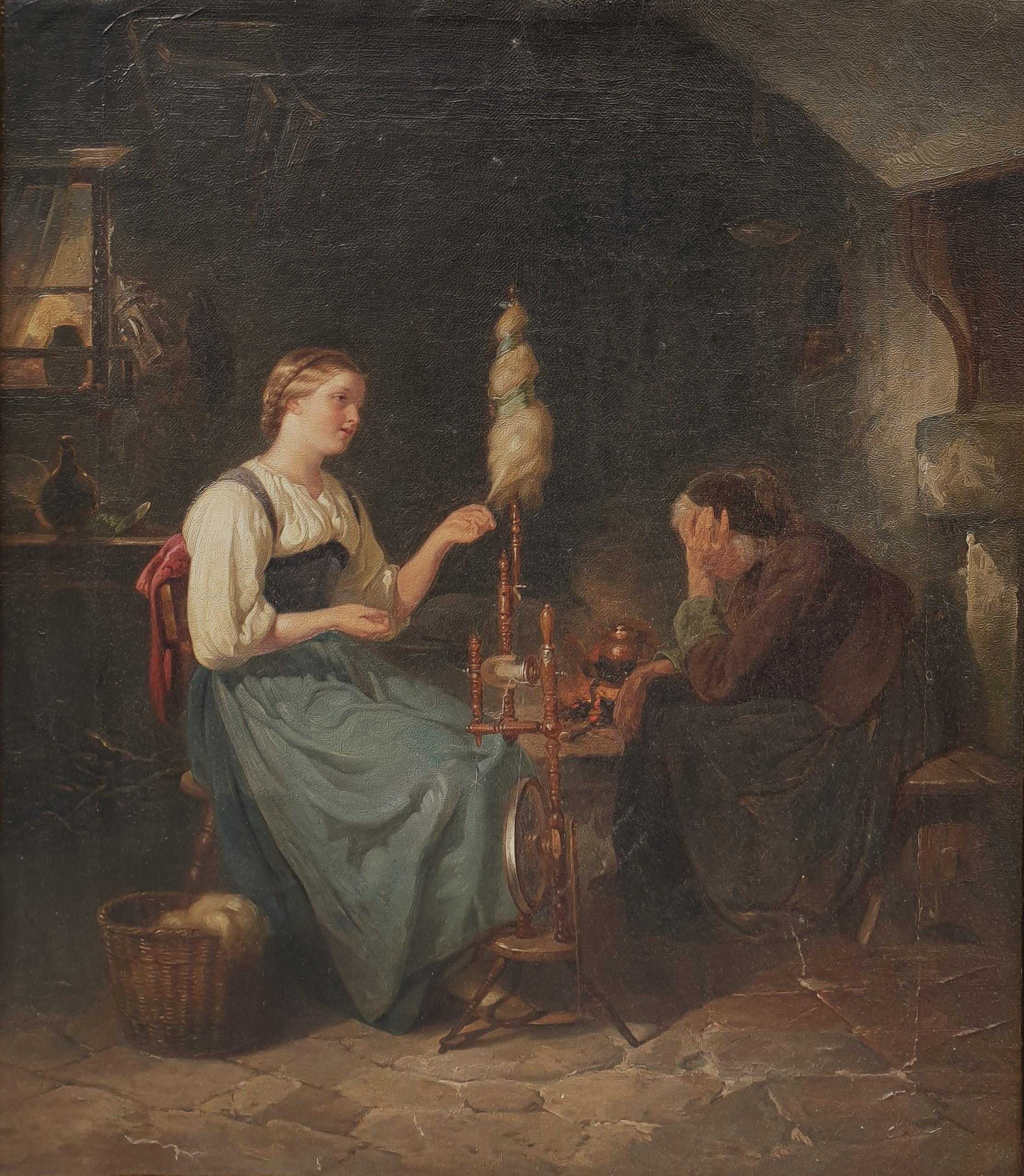Swiss academic painter 19th VAUTIER Interior Oil on canvas The spinner woman - Painting by Benjamin VAUTIER