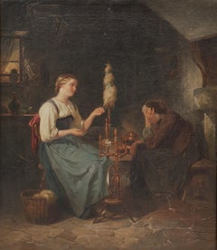 Peintre académique suisse 19e VAUTIER Intérieur Huile sur toile La femme fileuse