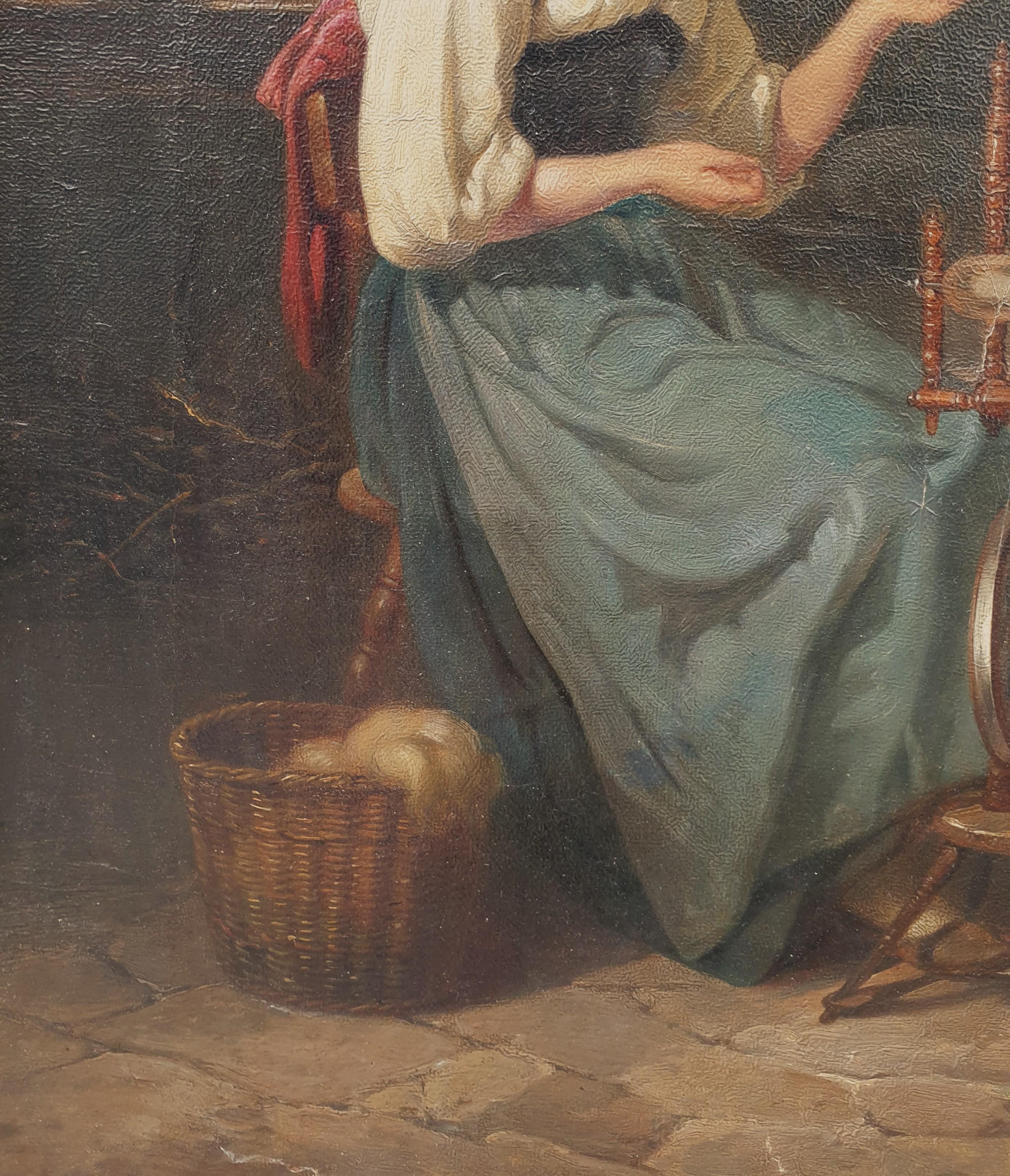 Swiss academic painter 19th VAUTIER Interior Oil on canvas The spinner woman - Brown Interior Painting by Benjamin VAUTIER