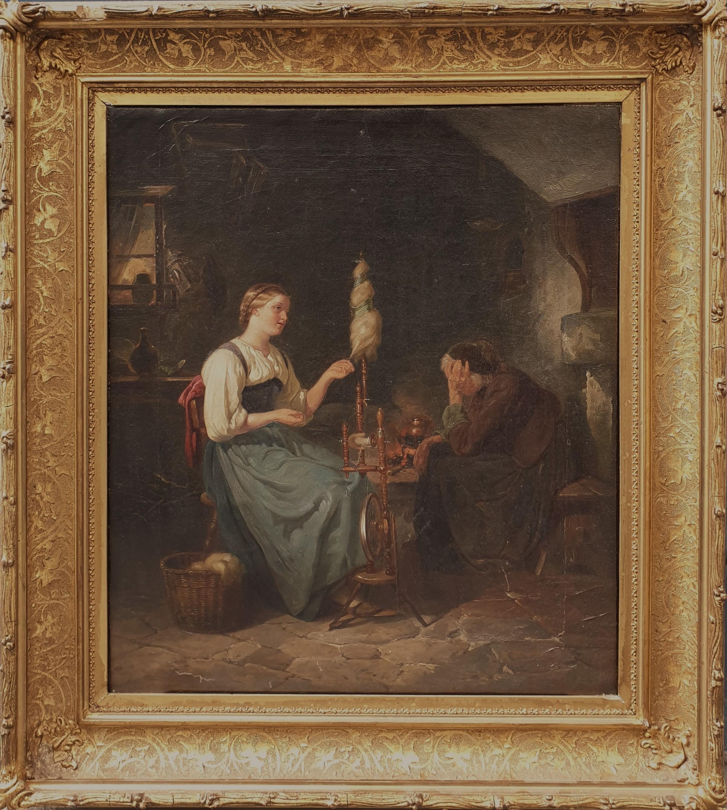 Benjamin VAUTIER Interior Painting - Swiss academic painter 19th VAUTIER Interior Oil on canvas The spinner woman