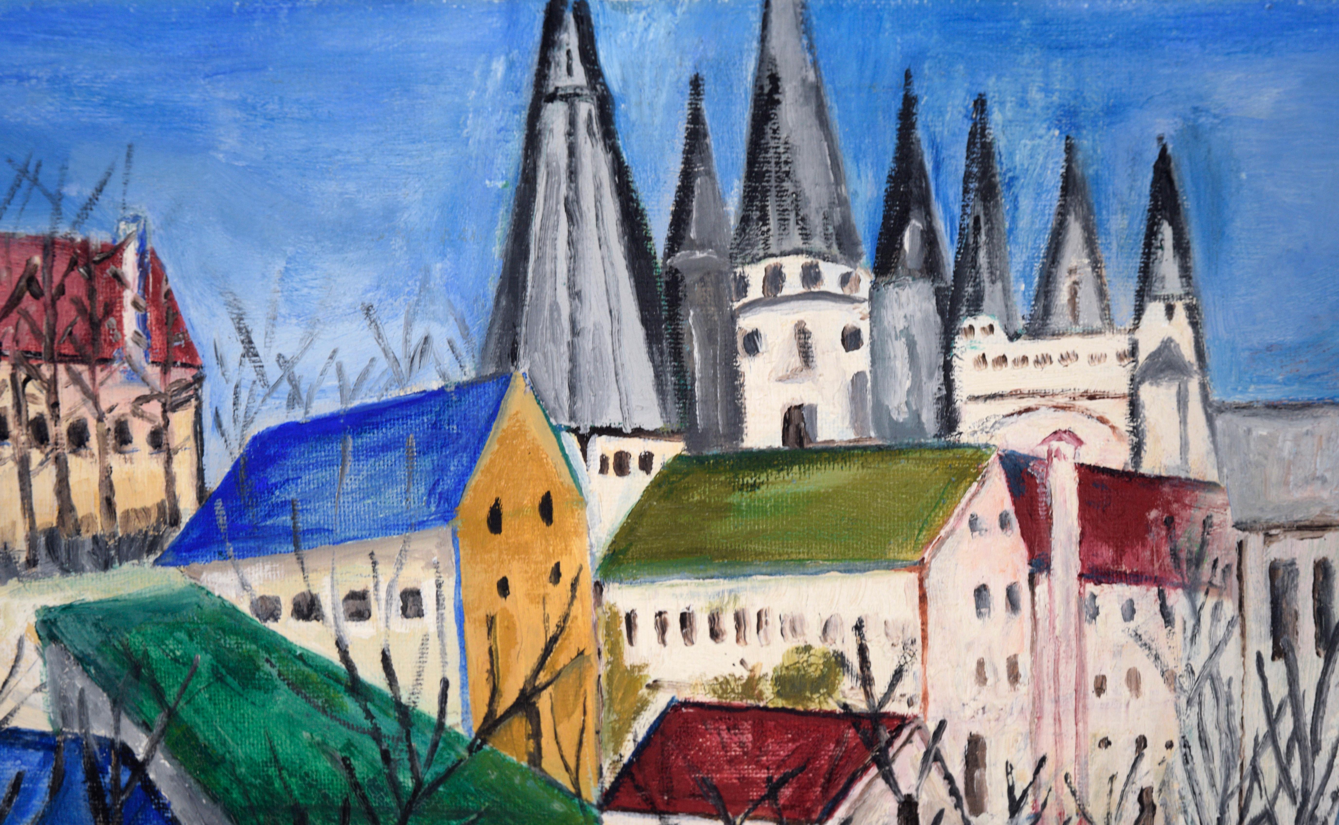 View of the Towers of Chartres Cathedral in Acrylic on Artist's Board - Folk Art Painting by Benjamin Venezky