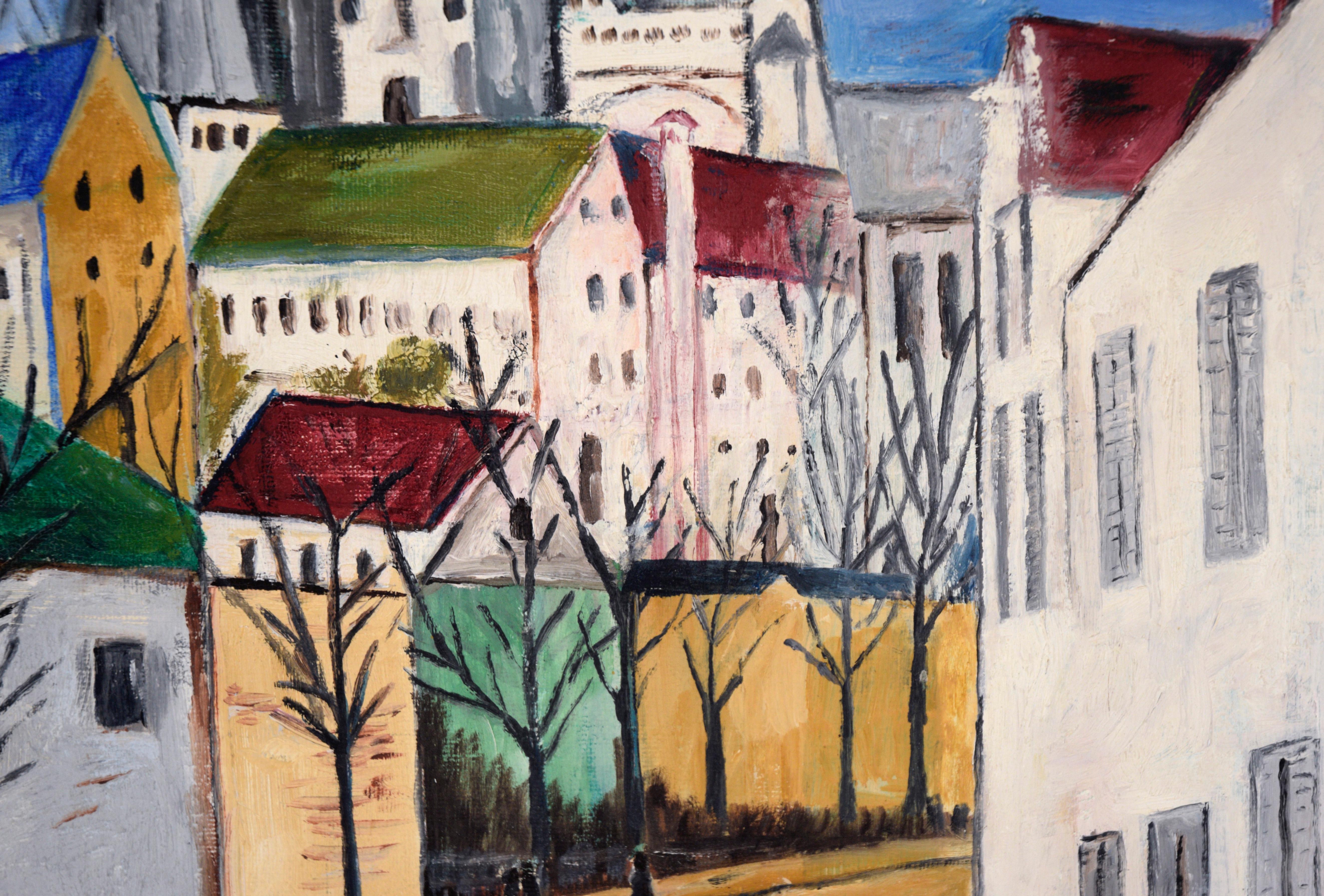 View of the Towers of Chartres Cathedral in Acrylic on Artist's Board

Colorful, idealistic representation of Chartres Cathedral and the surrounding area by Ben Venezky (American, 1895-1976). The viewer stands at the bottom of a road that appears to