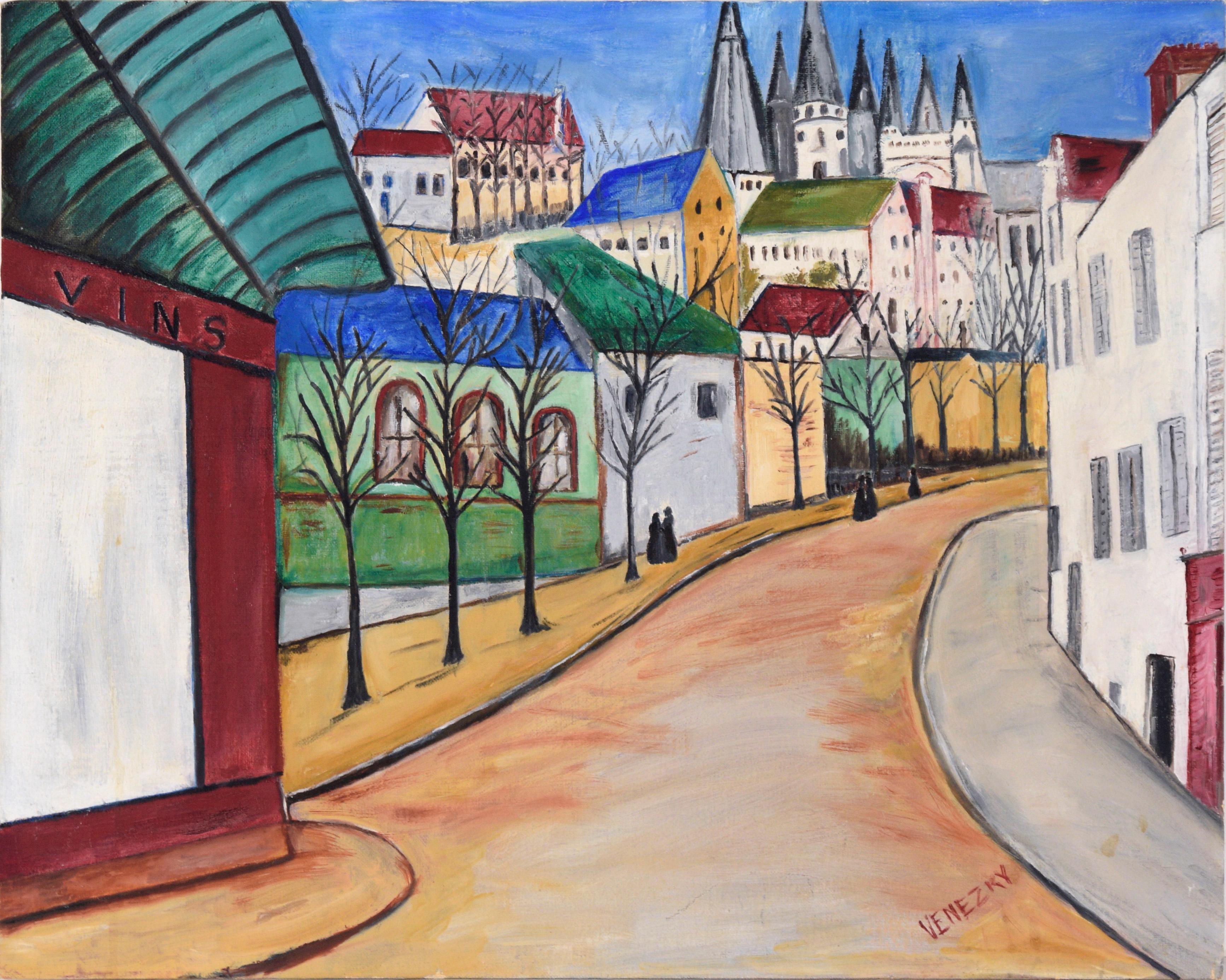 Landscape Painting Benjamin Venezky - Vue des tours de la cathédrale de Chartres en acrylique sur panneau d'artiste
