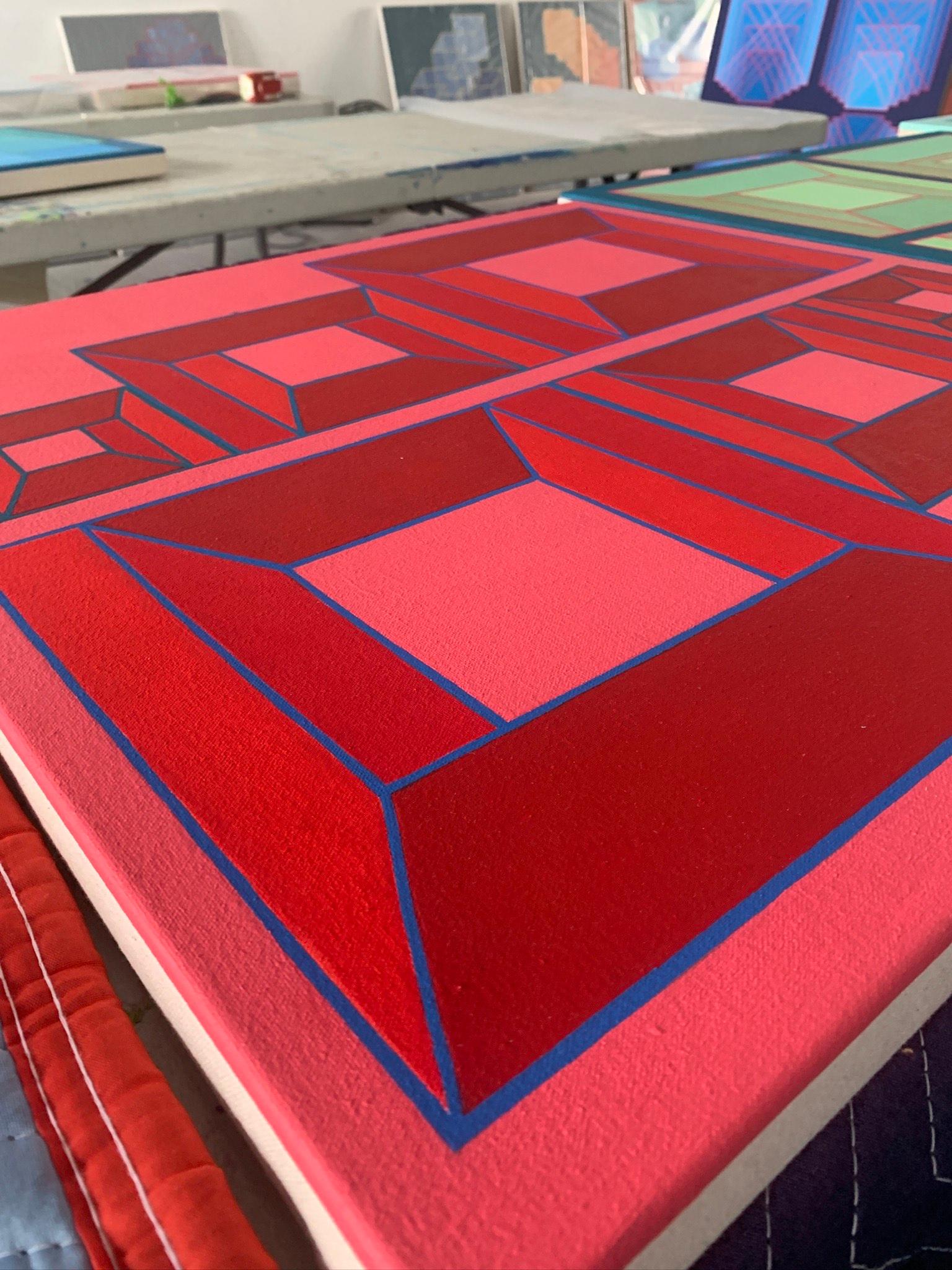 Centerline #7: geometric abstract Op Art painting w/ red & pink squares & blue - Painting by Benjamin Weaver