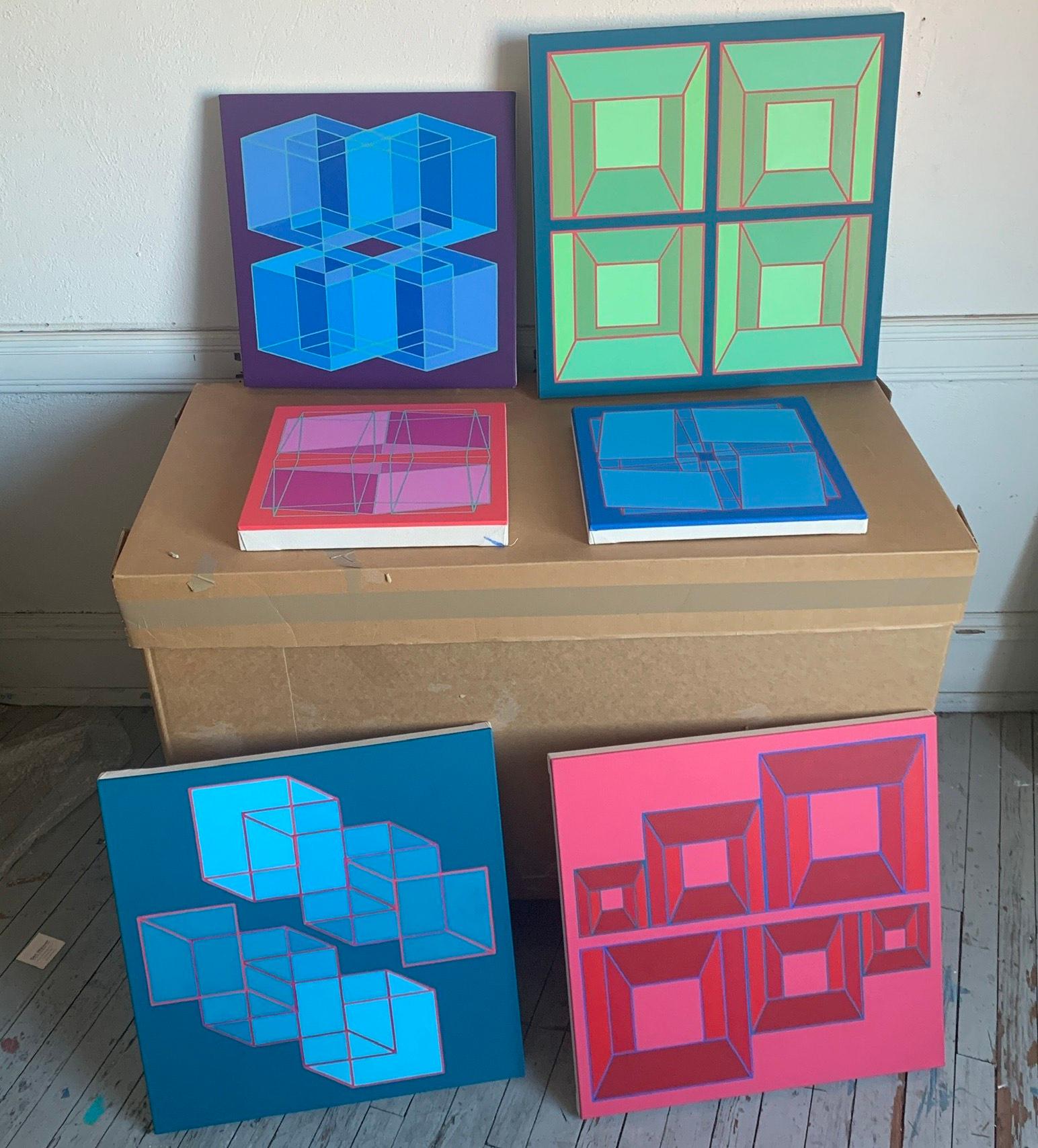 Centerline #7: geometric abstract Op Art painting w/ red & pink squares & blue - Abstract Painting by Benjamin Weaver