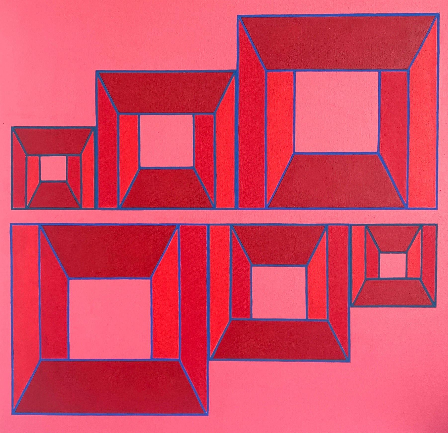Benjamin Weaver Abstract Painting - Centerline #7: geometric abstract Op Art painting w/ red & pink squares & blue