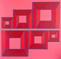 Centerline #7: geometric abstract Op Art painting w/ red & pink squares & blue