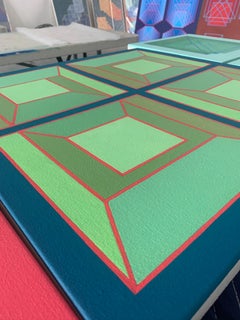 Centerline #8: quadro geometrico astratto Op Art, quadrati verdi con blu e rosso