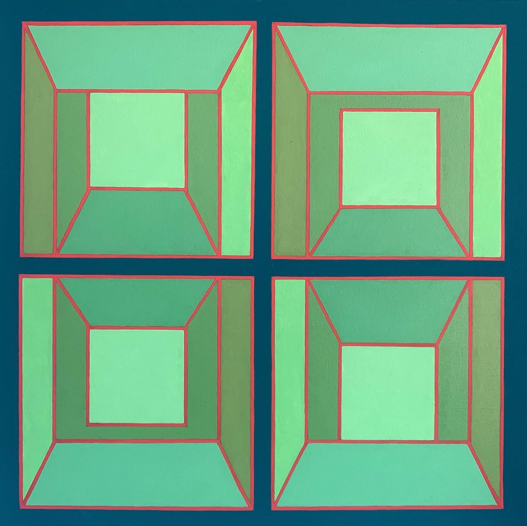 Benjamin Weaver Abstract Painting - Centerline #8: geometric abstract Op Art painting, green squares w/ blue & red