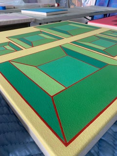 Centerline #9: geometric abstract Op Art painting; green, blue squares on yellow
