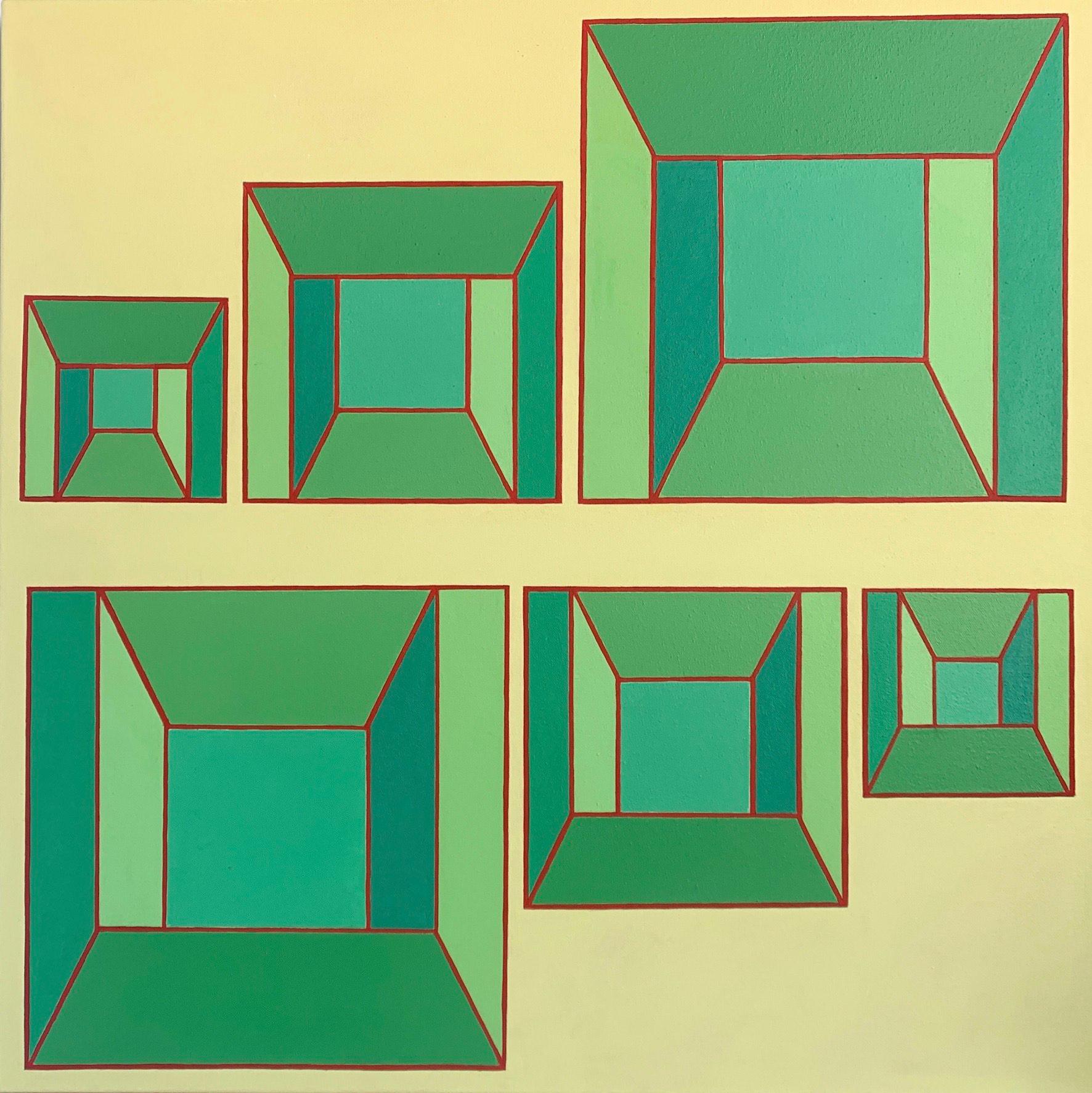 Benjamin Weaver Abstract Painting - Centerline #9: geometric abstract Op Art painting; green, blue squares on yellow