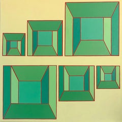 Centerline #9: geometric abstract Op Art painting; green, blue squares on yellow