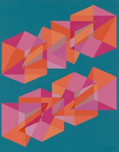 Contemporary abstract geometric painting w/ orange, pink & blue cubes & pyramids
